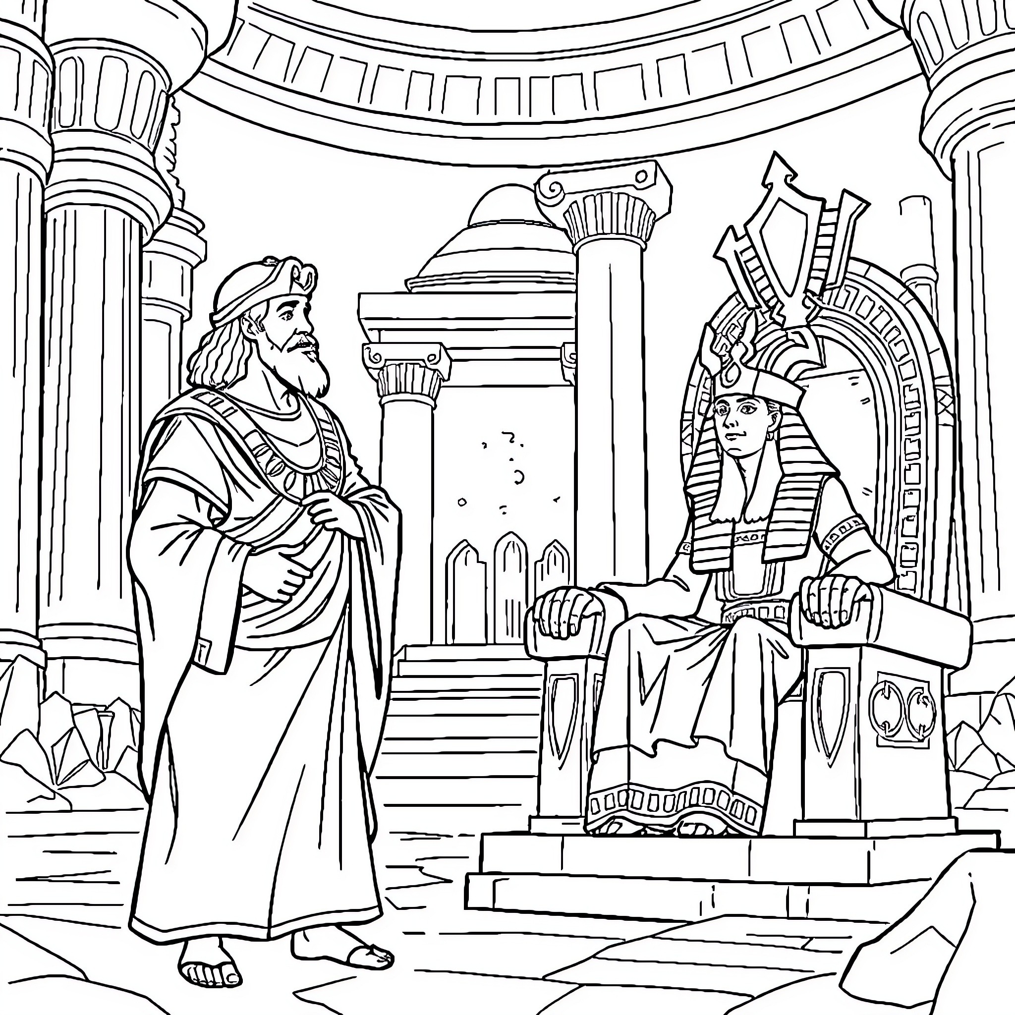 Joseph's Meeting with the Pharaoh in Ancient Egypt Coloring Page (free black-and-white line drawing printable PDF for all, from beginners to advanced learners, including children, teens, adults, and seniors)