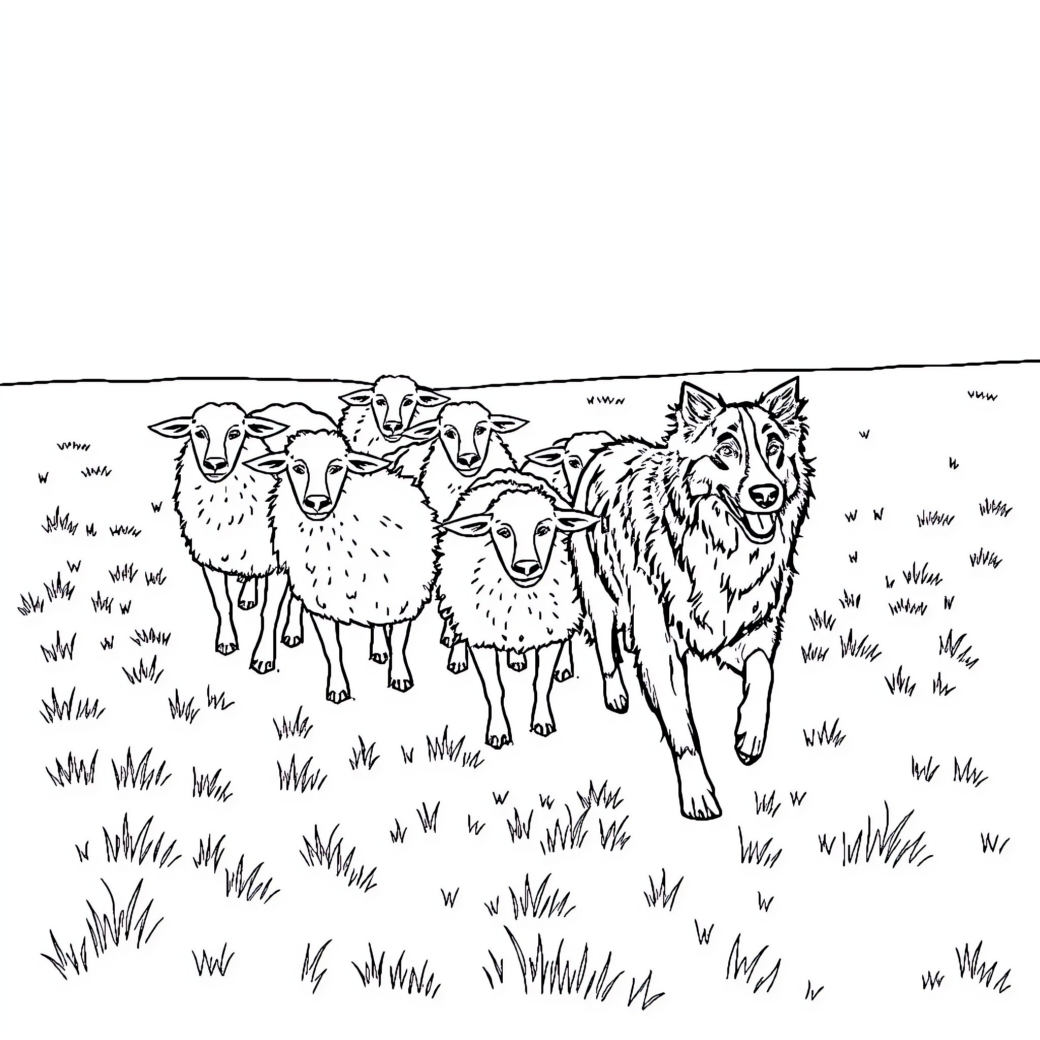 Border Collie herding a flock of sheep in a field Coloring Page (free black-and-white line drawing printable PDF for all, from beginners to advanced learners, including children, teens, adults, and seniors)
