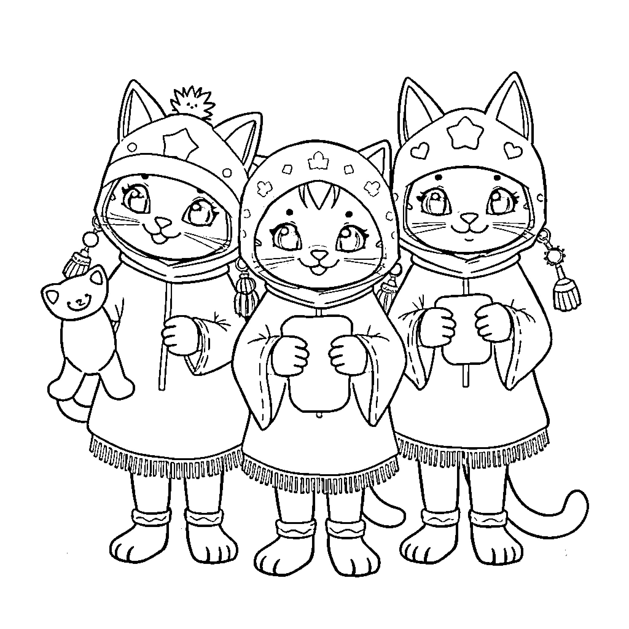 Character cats wearing celebratory outfits Coloring Page (free black-and-white line drawing printable PDF for all, from beginners to advanced learners, including children, teens, adults, and seniors)