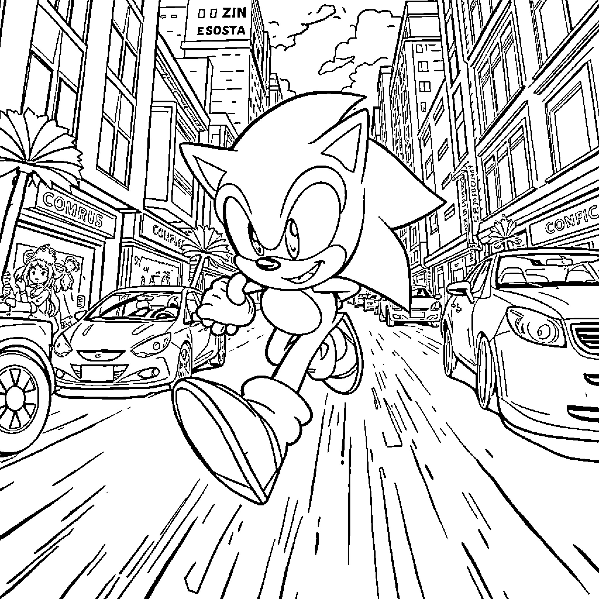 Sonic's Speedy Adventure Through the City Coloring Page (free black-and-white line drawing printable PDF for all, from beginners to advanced learners, including children, teens, adults, and seniors)