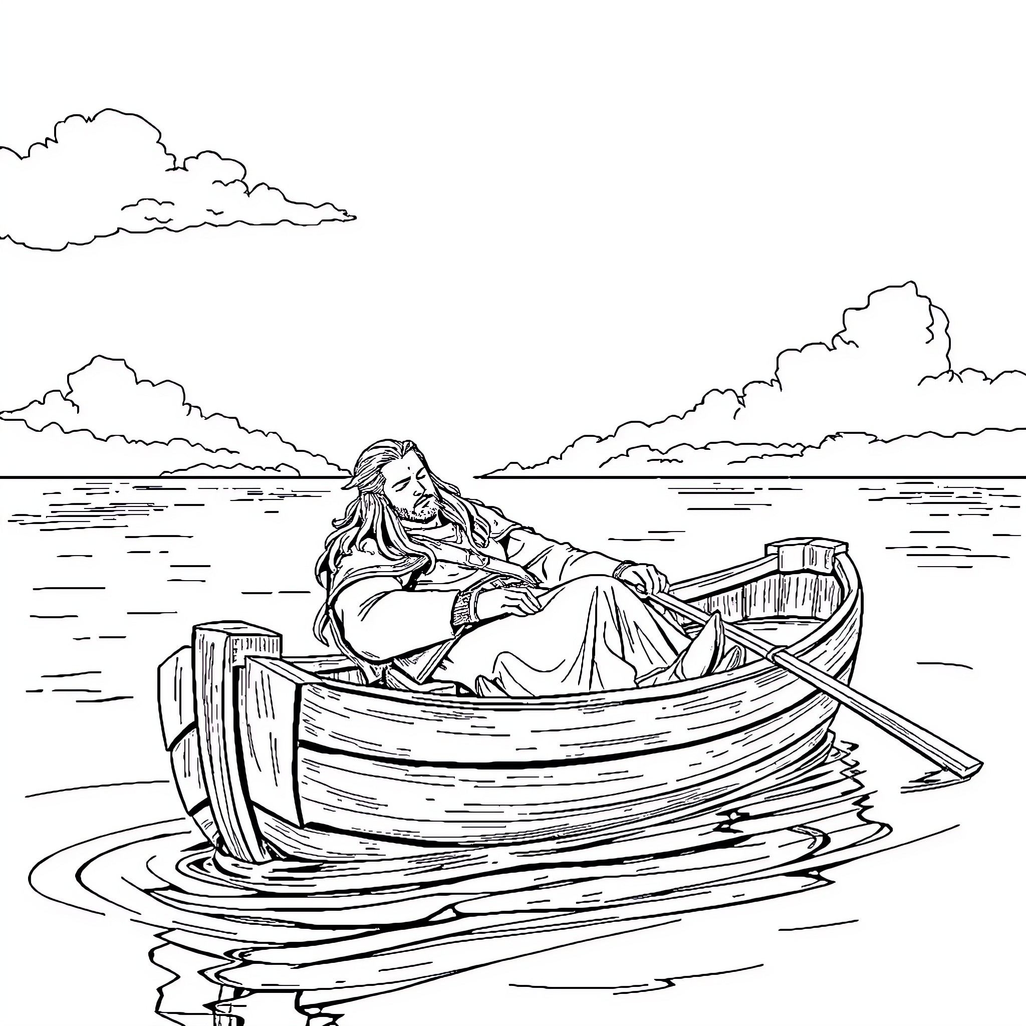 Drizzt resting in a tranquil boat on the water Coloring Page (free black-and-white line drawing printable PDF for all, from beginners to advanced learners, including children, teens, adults, and seniors)