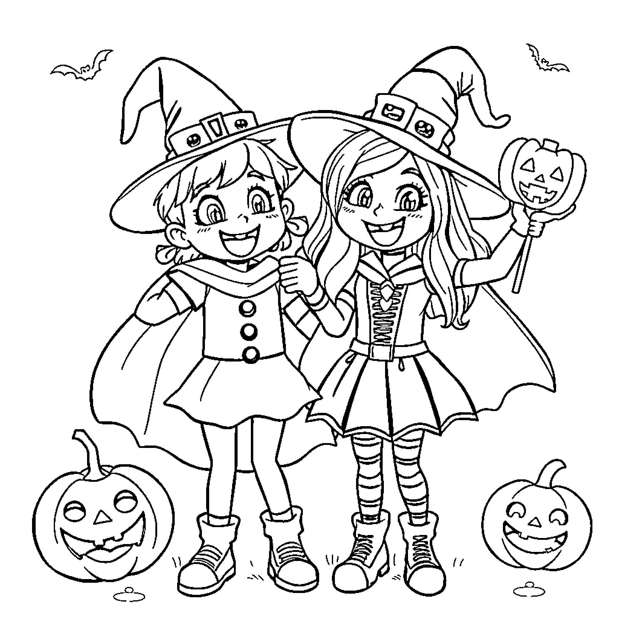 Friend's Joyful Halloween Celebration Coloring Page (free black-and-white line drawing printable PDF for all, from beginners to advanced learners, including children, teens, adults, and seniors)