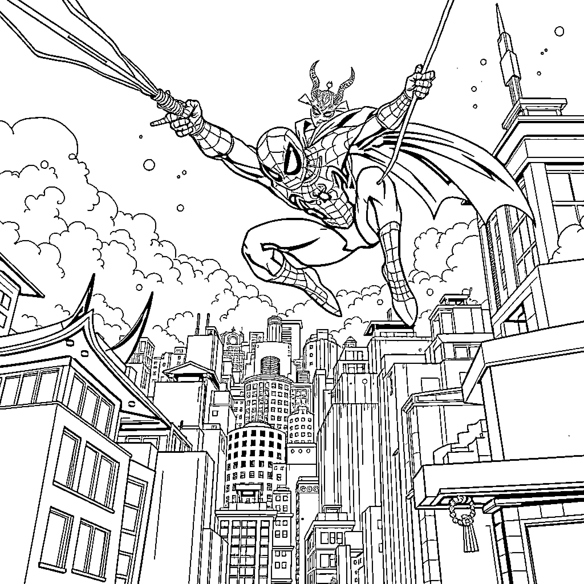 Spider-Man swinging through the city on a daring rescue mission Coloring Page (free black-and-white line drawing printable PDF for all, from beginners to advanced learners, including children, teens, adults, and seniors)