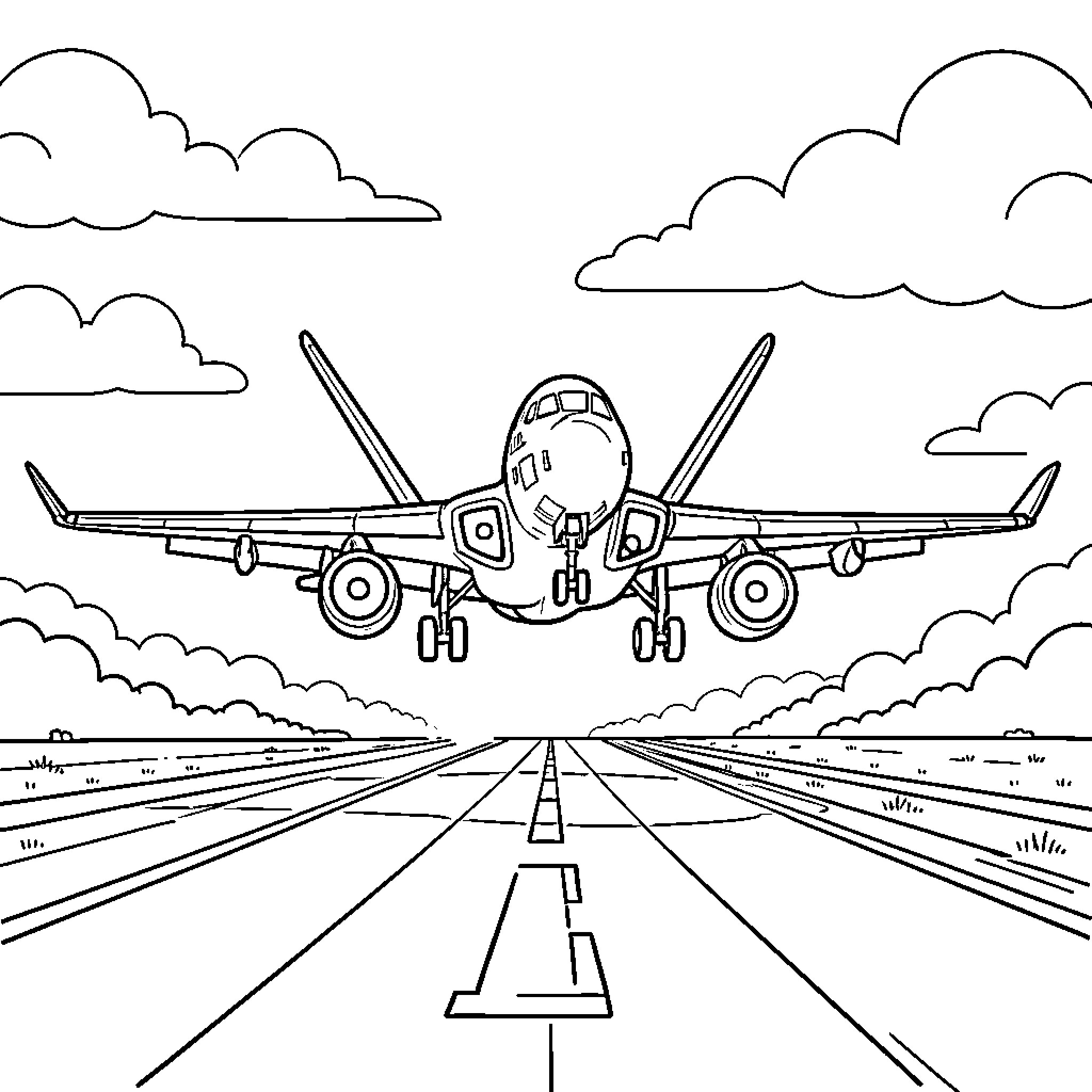 Avión aterrizando en la pista Coloring Page (free black-and-white line drawing printable PDF for all, from beginners to advanced learners, including children, teens, adults, and seniors)