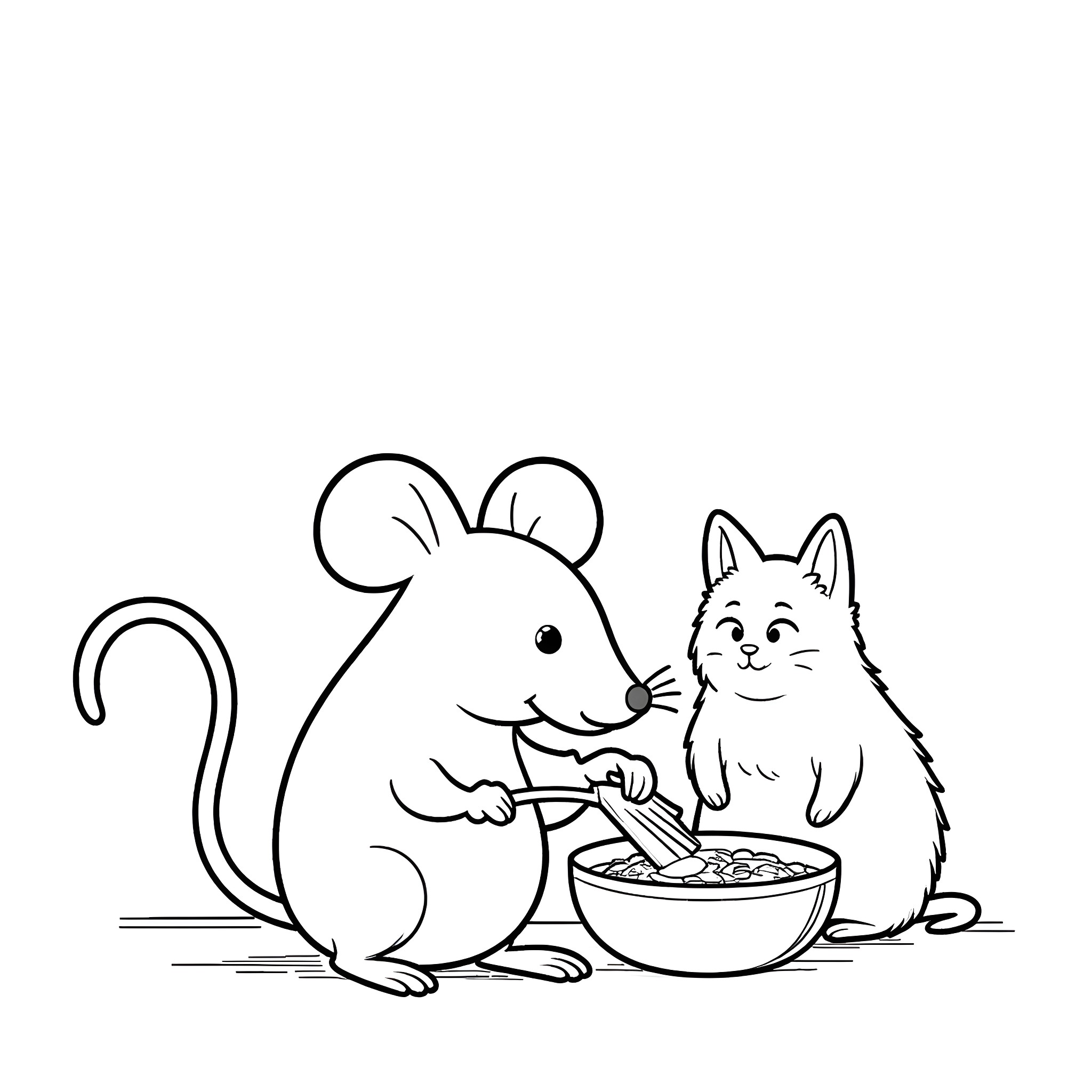 Ratatouille - Mouse and Cat Sharing a Meal Coloring Page (free black-and-white line drawing printable PDF for all, from beginners to advanced learners, including children, teens, adults, and seniors)