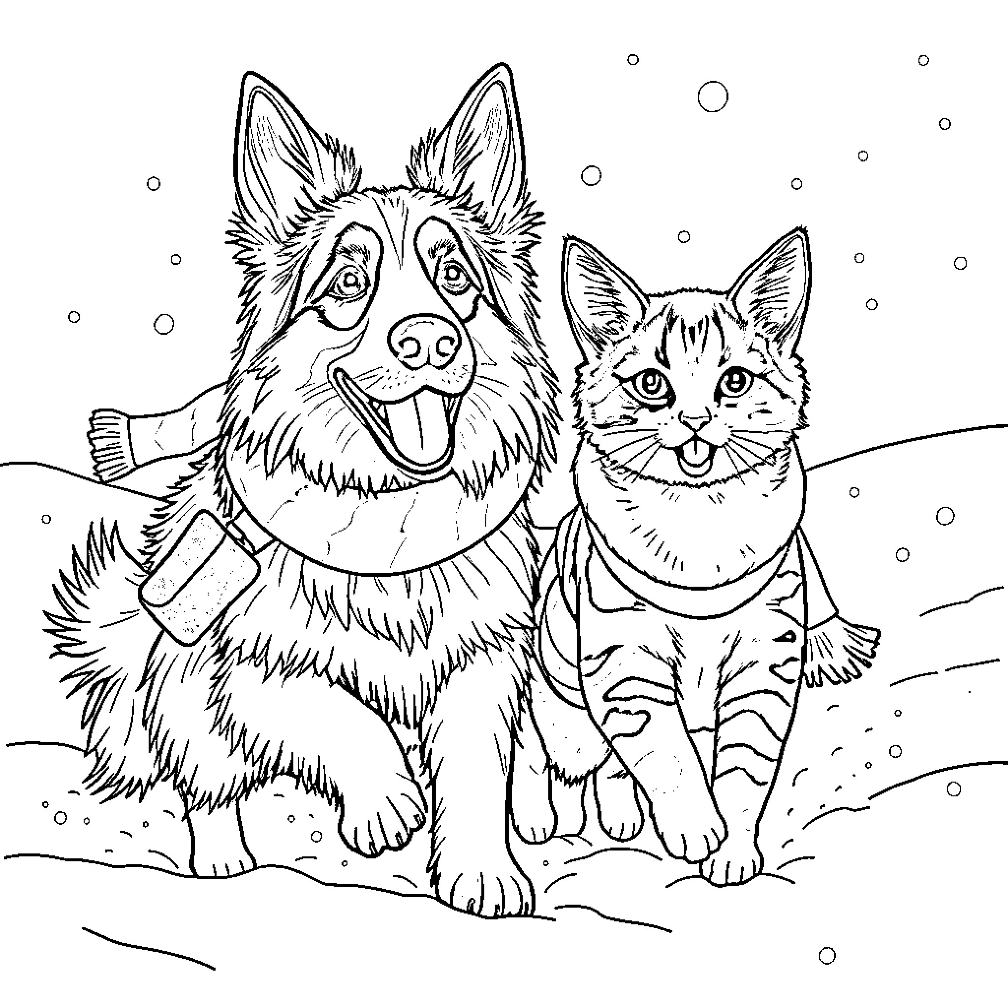 German Shepherd and cat playing together in the snow Coloring Page (free black-and-white line drawing printable PDF for all, from beginners to advanced learners, including children, teens, adults, and seniors)