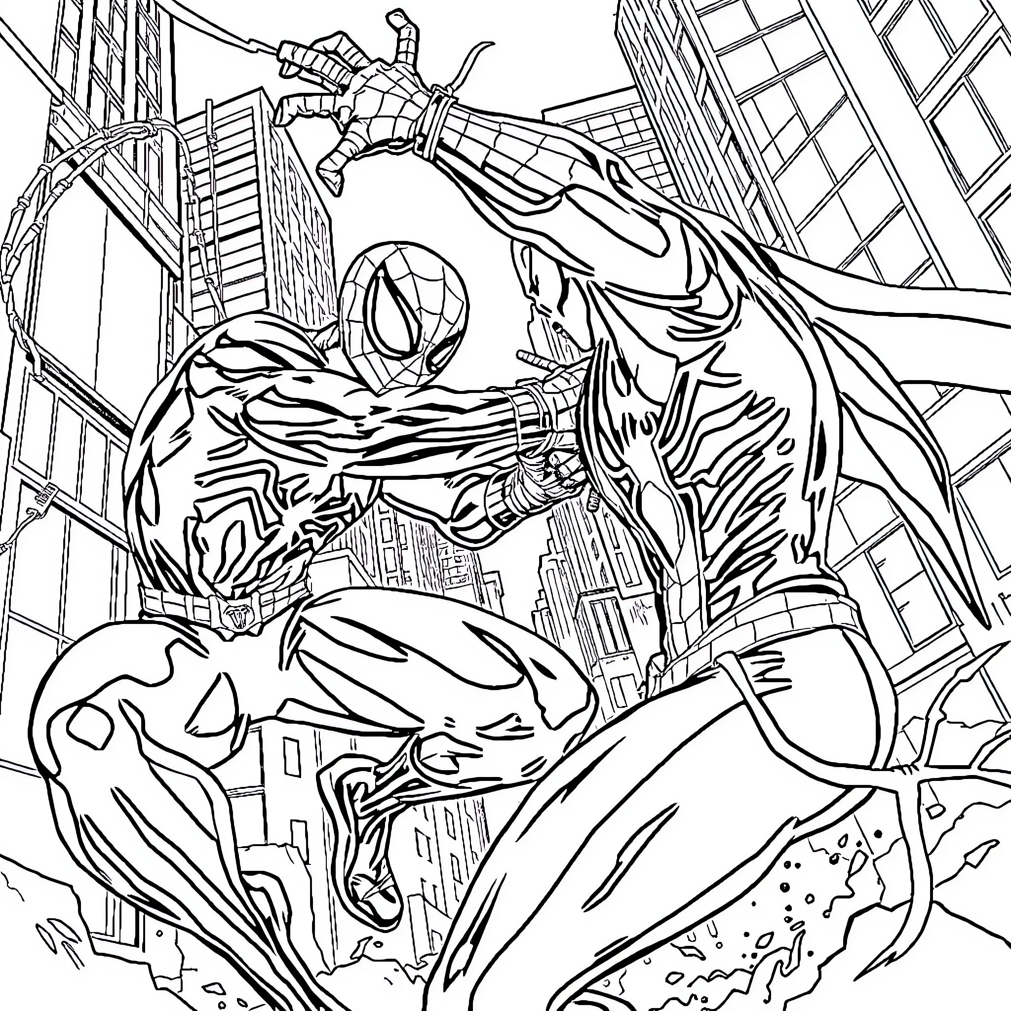 Sangoku Spider-Man Swinging through City Skyline Coloring Page (free black-and-white line drawing printable PDF for all, from beginners to advanced learners, including children, teens, adults, and seniors)