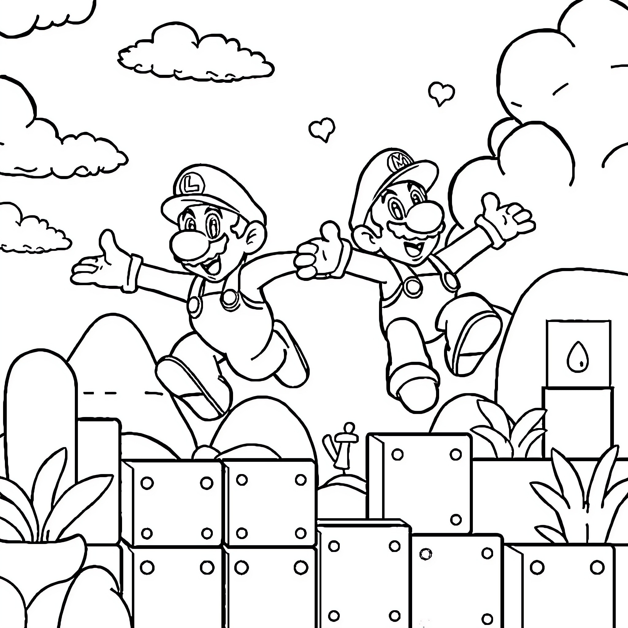 Mario Brothers Jumping and Running Through the City Coloring Page (free black-and-white line drawing printable PDF for all, from beginners to advanced learners, including children, teens, adults, and seniors)