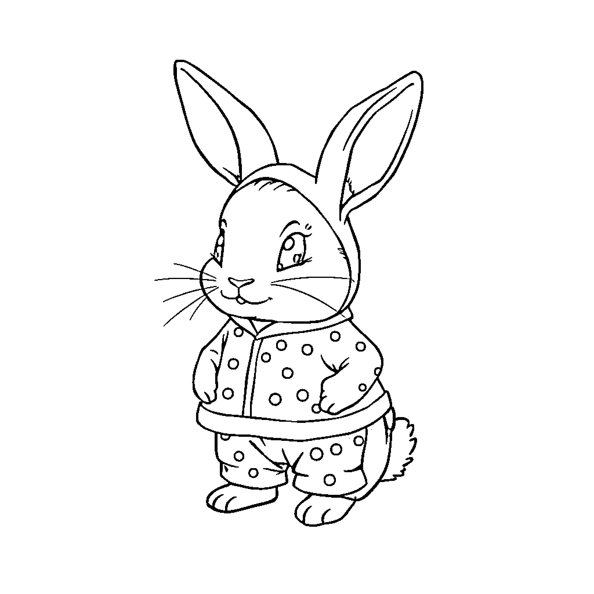 Bunny wearing a dotted outfit Coloring Page (free black-and-white line drawing printable PDF for all, from beginners to advanced learners, including children, teens, adults, and seniors)