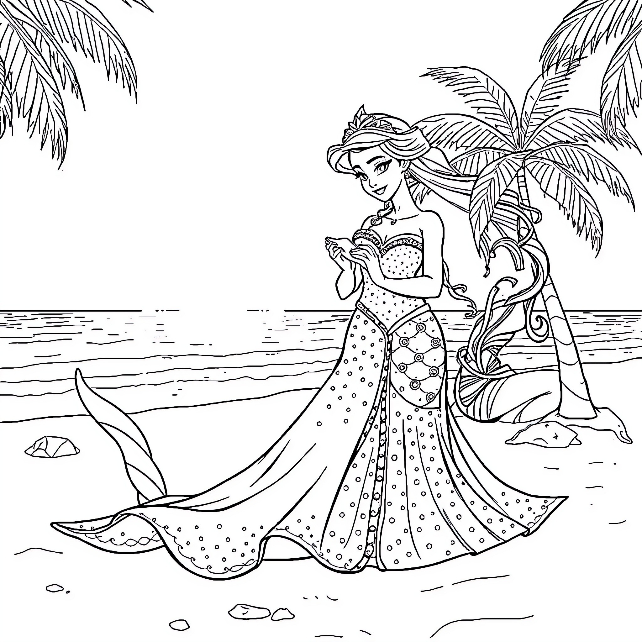 Queen's Tropical Beach Adventure Coloring Page (free black-and-white line drawing printable PDF for all, from beginners to advanced learners, including children, teens, adults, and seniors)