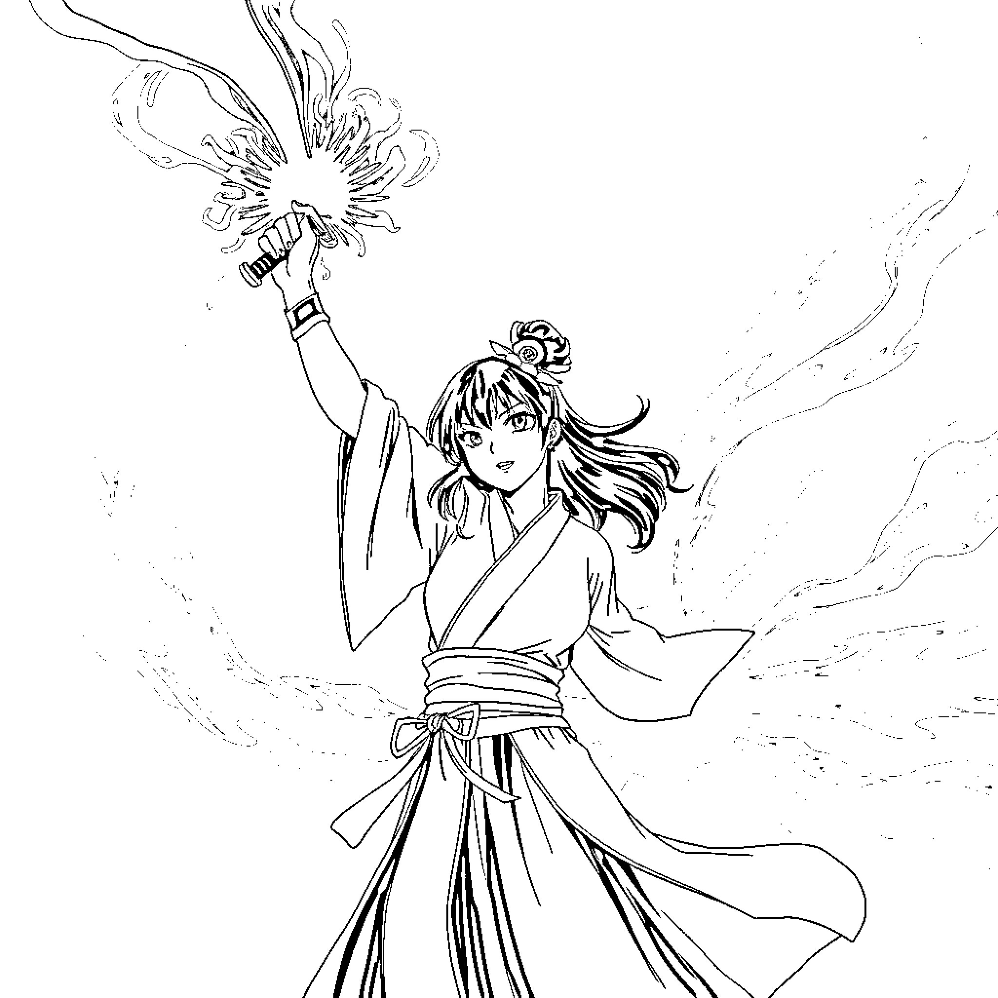 Unohana's Mystical Presence: A Captivating Scene Coloring Page (free black-and-white line drawing printable PDF for all, from beginners to advanced learners, including children, teens, adults, and seniors)