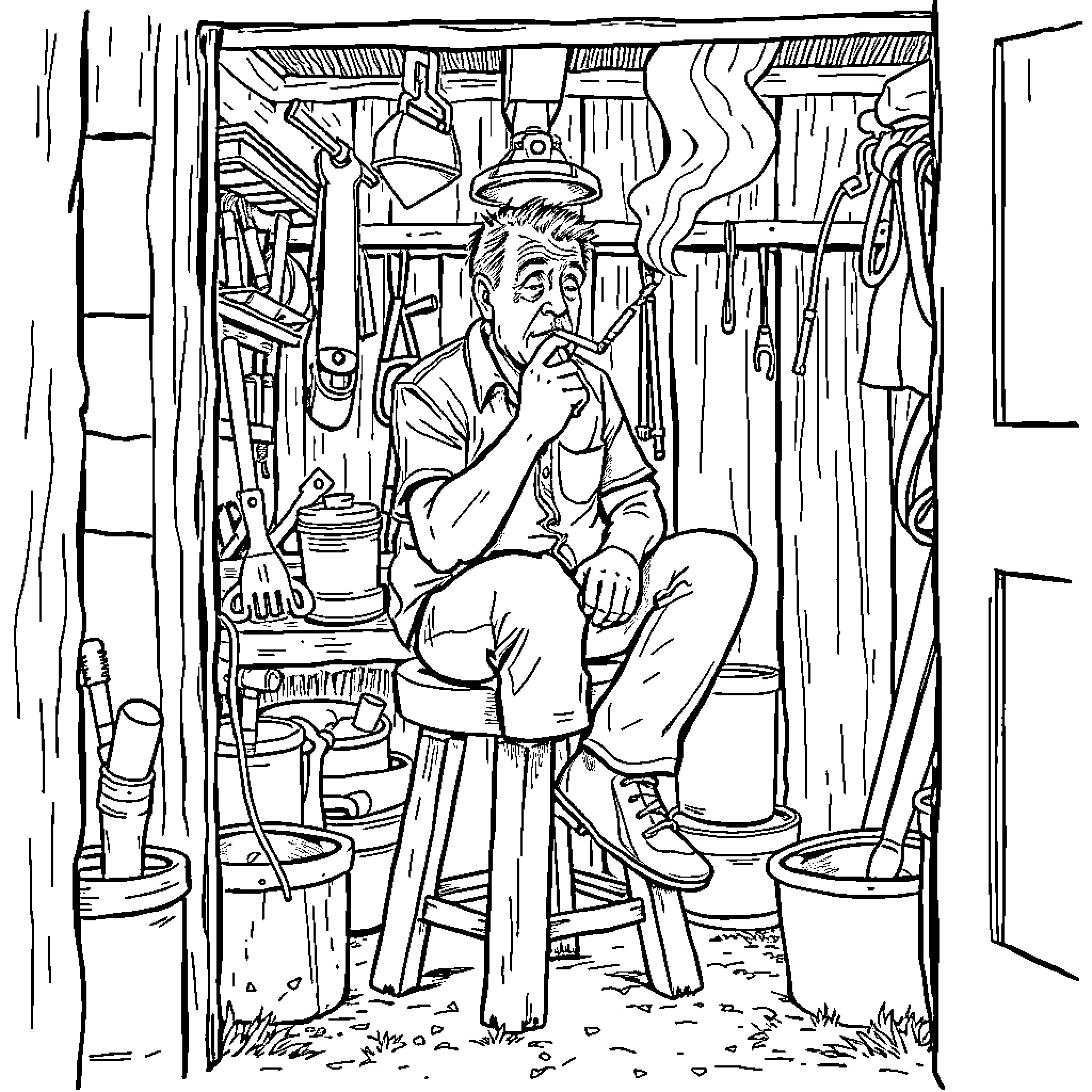 Dad resting in his cluttered workshop Coloring Page (free black-and-white line drawing printable PDF for all, from beginners to advanced learners, including children, teens, adults, and seniors)