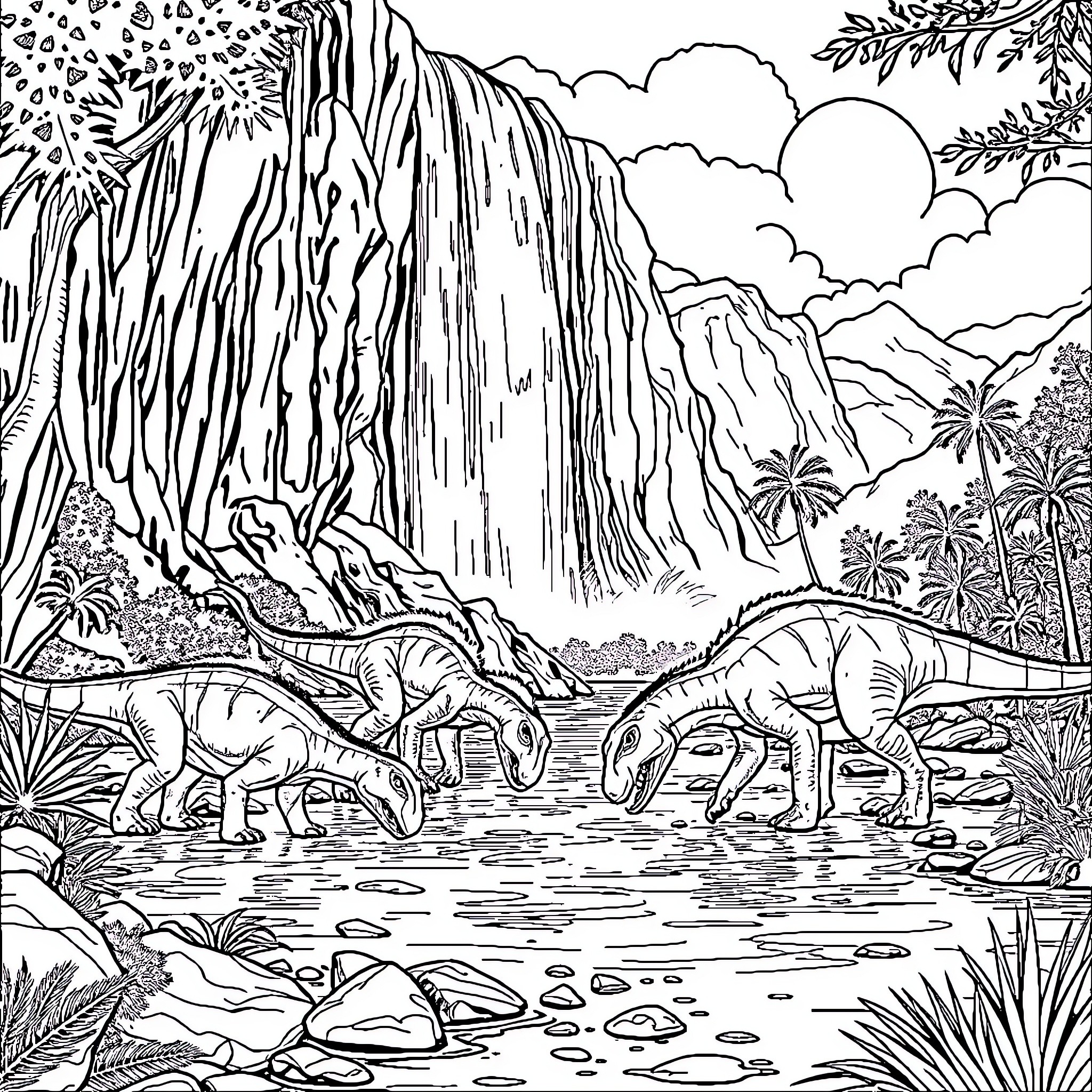 Dinosaurs roaming in the prehistoric landscape Coloring Page (free black-and-white line drawing printable PDF for all, from beginners to advanced learners, including children, teens, adults, and seniors)