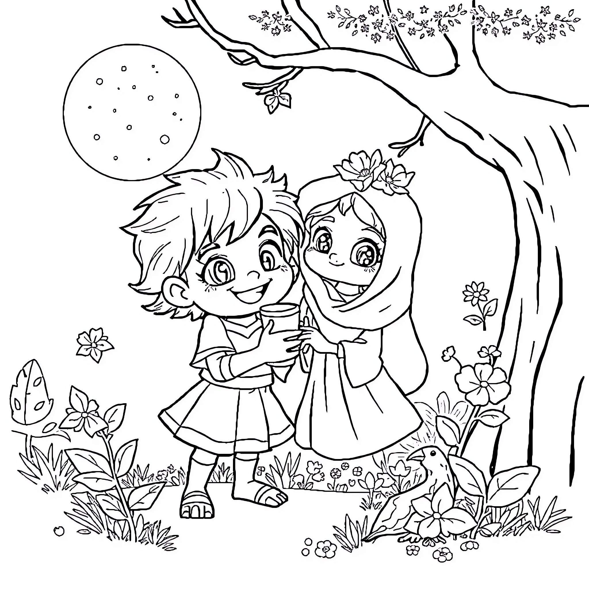 Cartoon characters in a flowery meadow Coloring Page (free black-and-white line drawing printable PDF for all, from beginners to advanced learners, including children, teens, adults, and seniors)