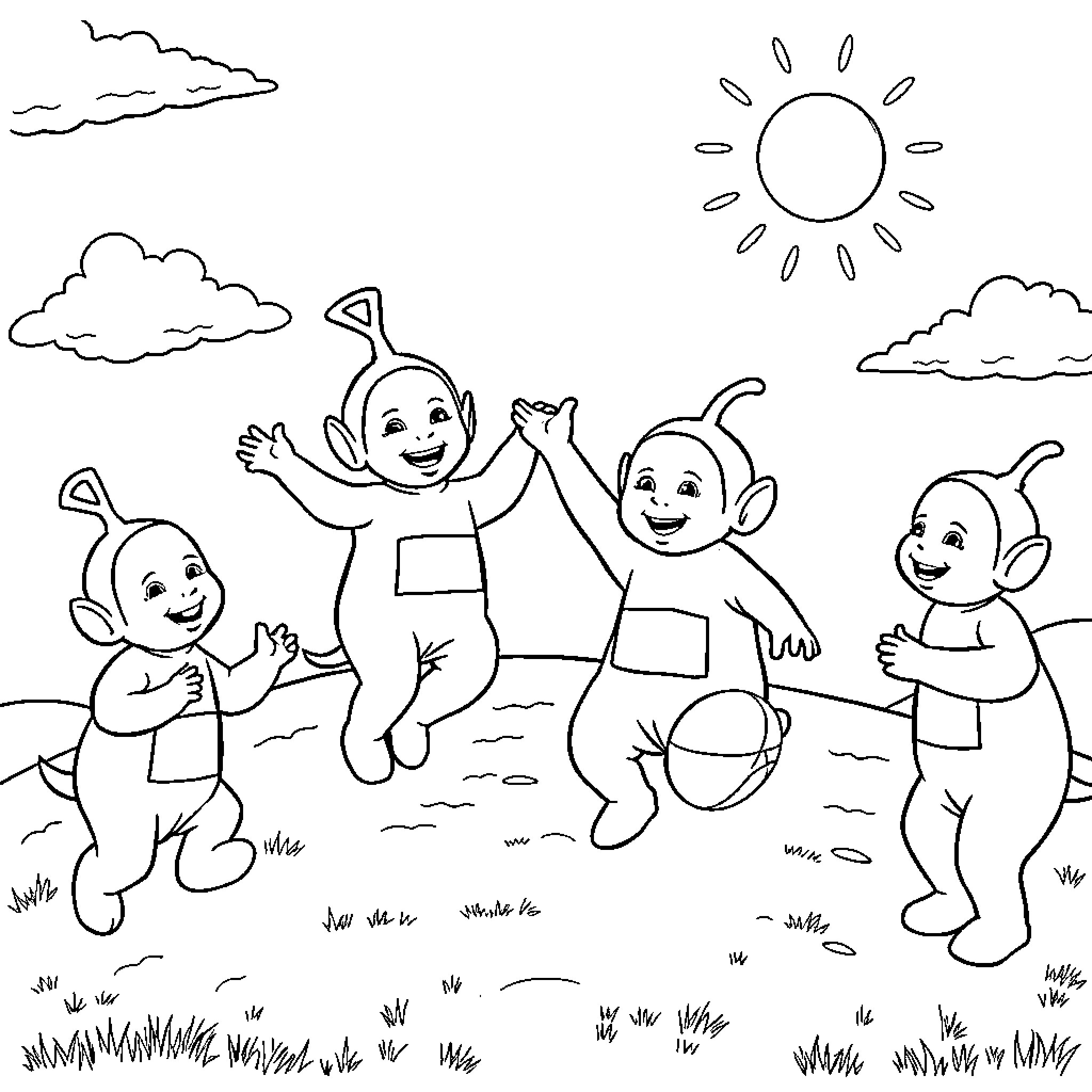 Teletubbies cheerfully playing in the sun-filled meadow Coloring Page (free black-and-white line drawing printable PDF for all, from beginners to advanced learners, including children, teens, adults, and seniors)