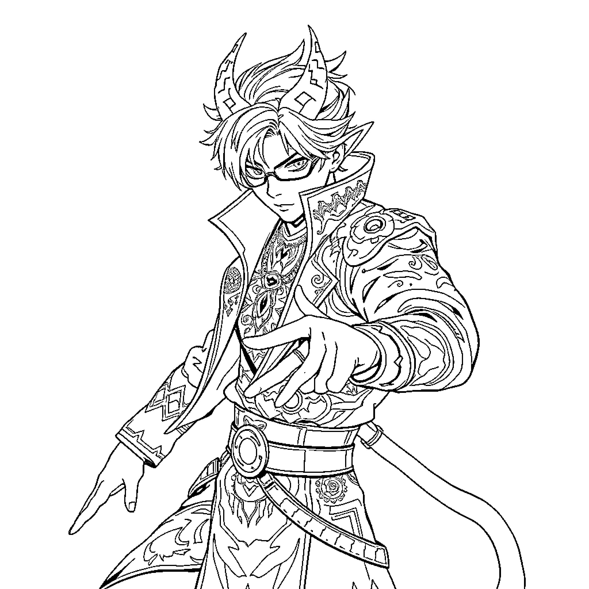 Cha Eunwoo in Fierce Warrior Attire Coloring Page (free black-and-white line drawing printable PDF for all, from beginners to advanced learners, including children, teens, adults, and seniors)