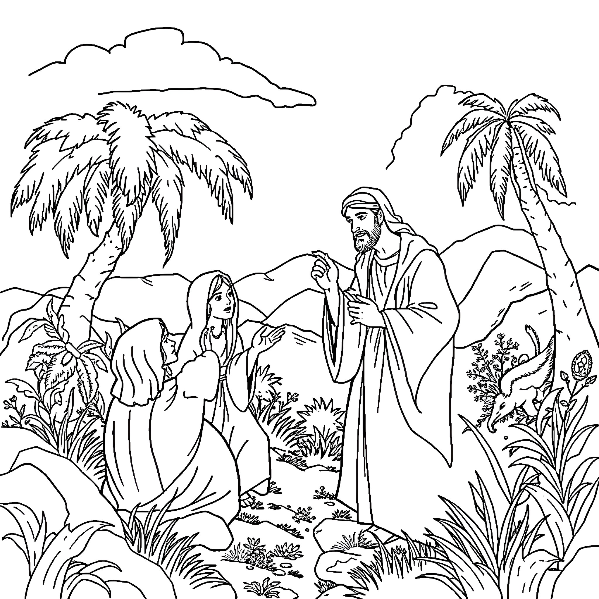 Bible scene with figures in a tropical landscape Coloring Page (free black-and-white line drawing printable PDF for all, from beginners to advanced learners, including children, teens, adults, and seniors)