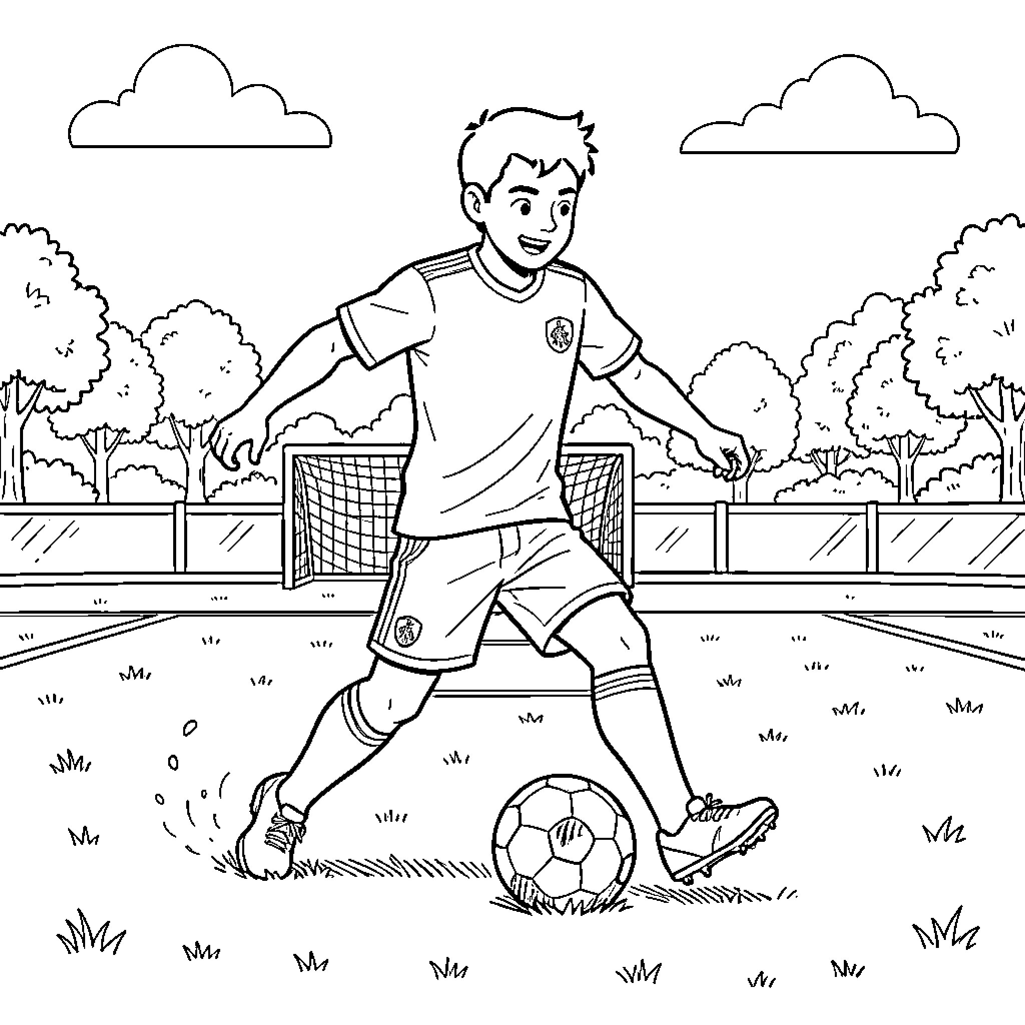 Original boy playing soccer on a field Coloring Page (free black-and-white line drawing printable PDF for all, from beginners to advanced learners, including children, teens, adults, and seniors)