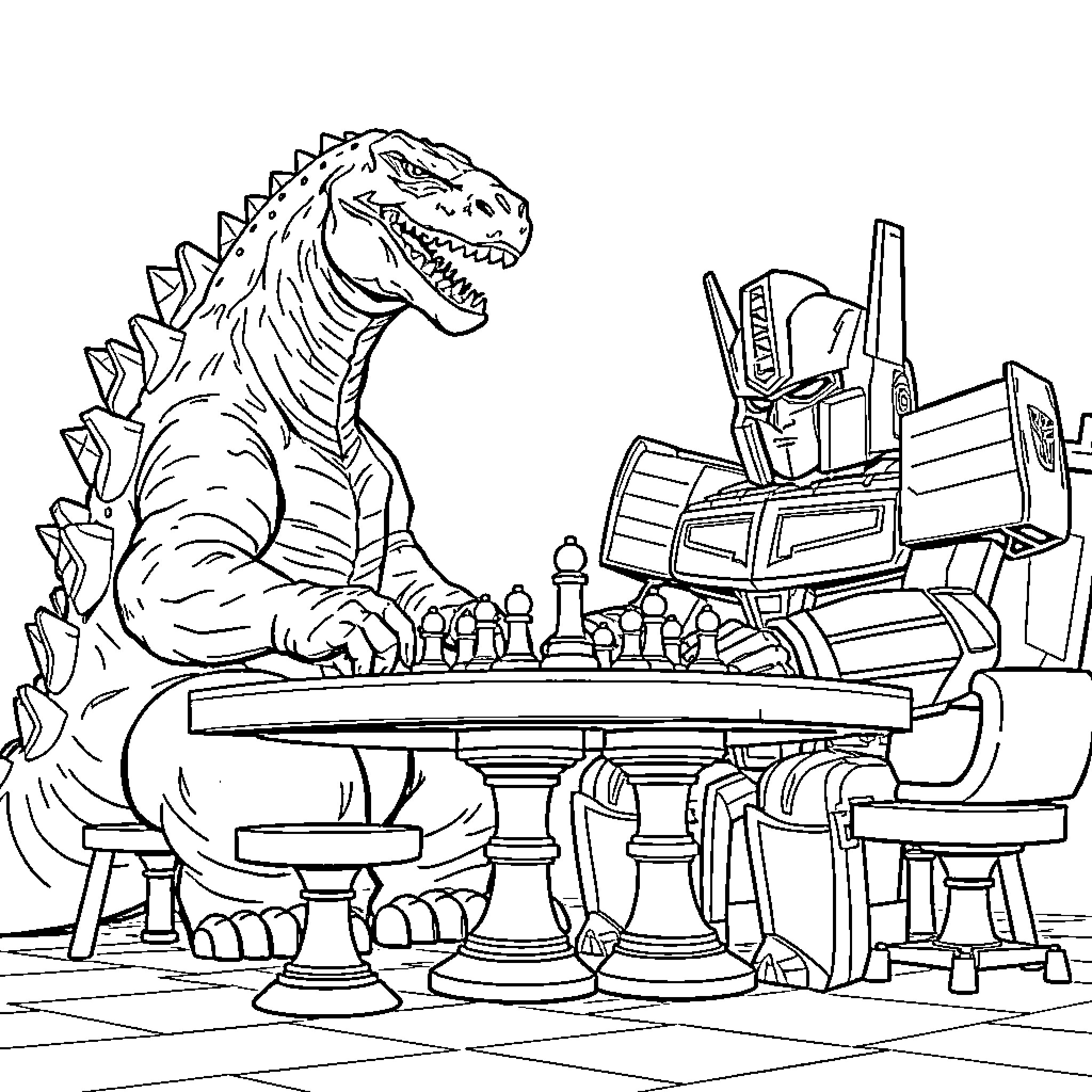 Godzilla playing chess with a robot Coloring Page (free black-and-white line drawing printable PDF for all, from beginners to advanced learners, including children, teens, adults, and seniors)