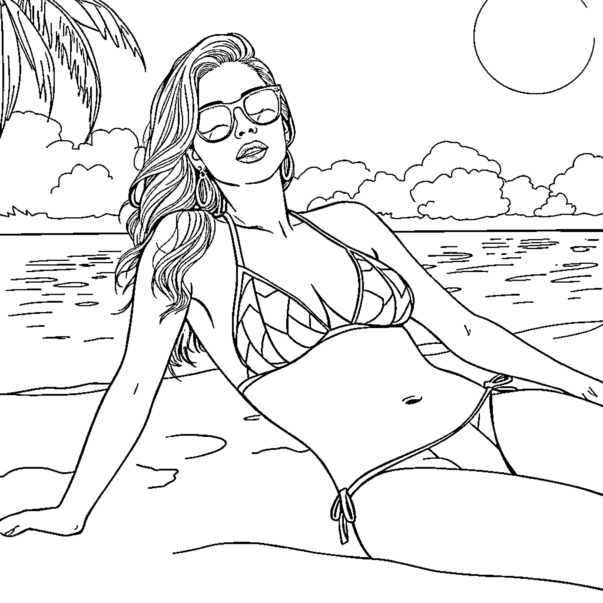Scarlet Johansson relaxing on a tropical beach Coloring Page (free black-and-white line drawing printable PDF for all, from beginners to advanced learners, including children, teens, adults, and seniors)