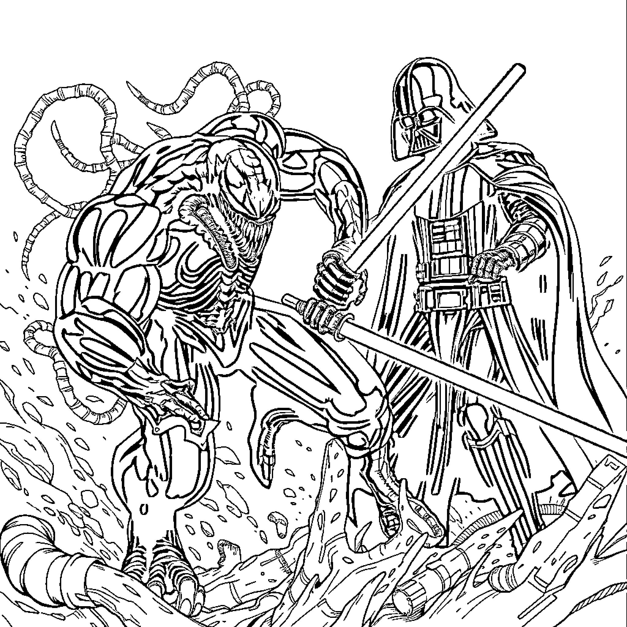 Venom confronts Darth Vader in an epic battle Coloring Page (free black-and-white line drawing printable PDF for all, from beginners to advanced learners, including children, teens, adults, and seniors)