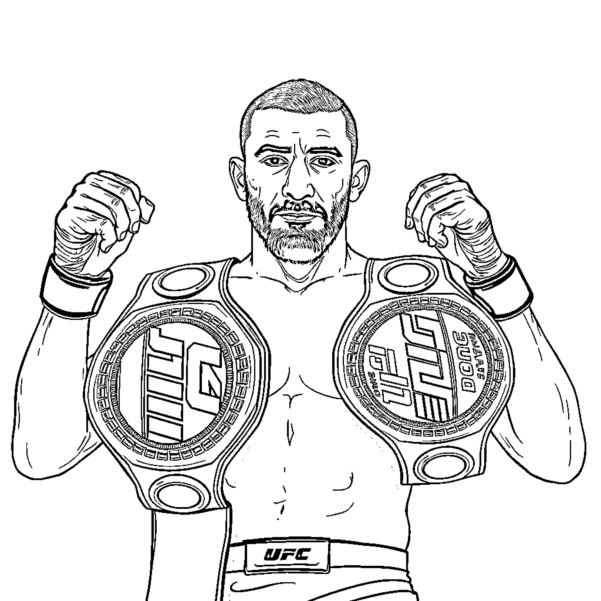 Islam Makhachev, UFC Champion with Belts Coloring Page (free black-and-white line drawing printable PDF for all, from beginners to advanced learners, including children, teens, adults, and seniors)