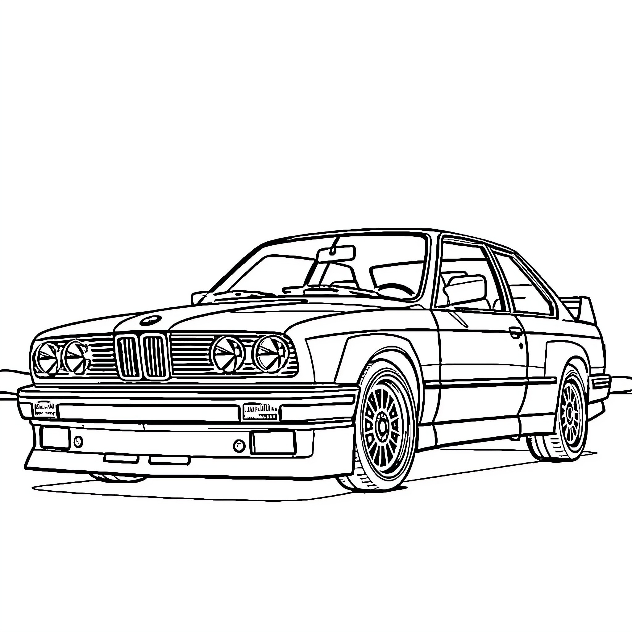 BMW classic sports car in racing stance Coloring Page (free black-and-white line drawing printable PDF for all, from beginners to advanced learners, including children, teens, adults, and seniors)
