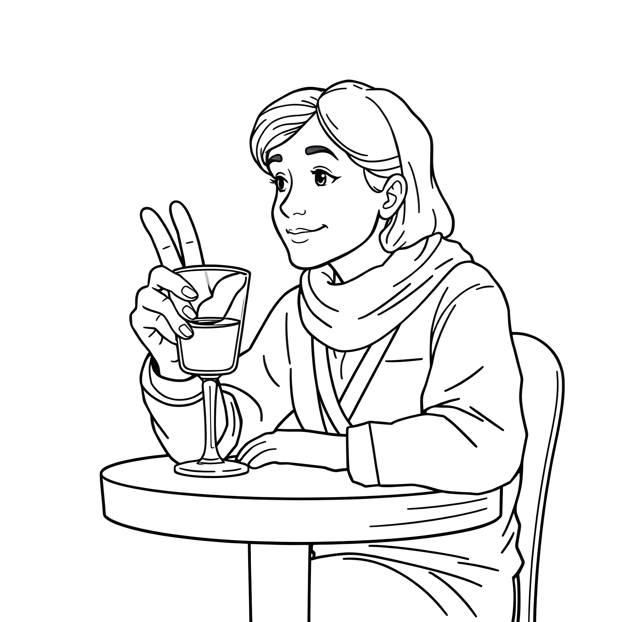 Peacemaker enjoying a warm beverage in a cozy setting Coloring Page (free black-and-white line drawing printable PDF for all, from beginners to advanced learners, including children, teens, adults, and seniors)