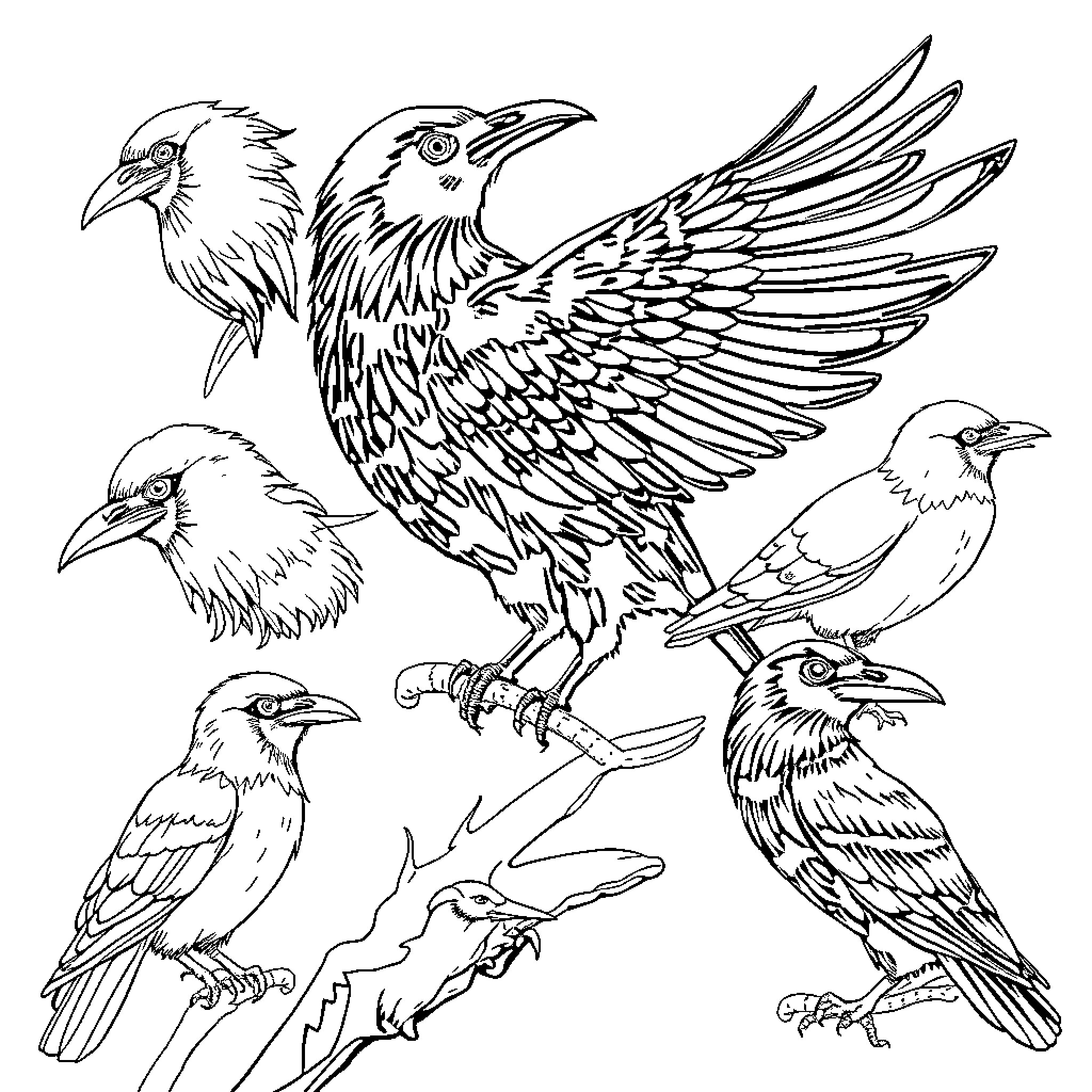 Raven Collection of Detailed Bird Sketches Coloring Page (free black-and-white line drawing printable PDF for all, from beginners to advanced learners, including children, teens, adults, and seniors)