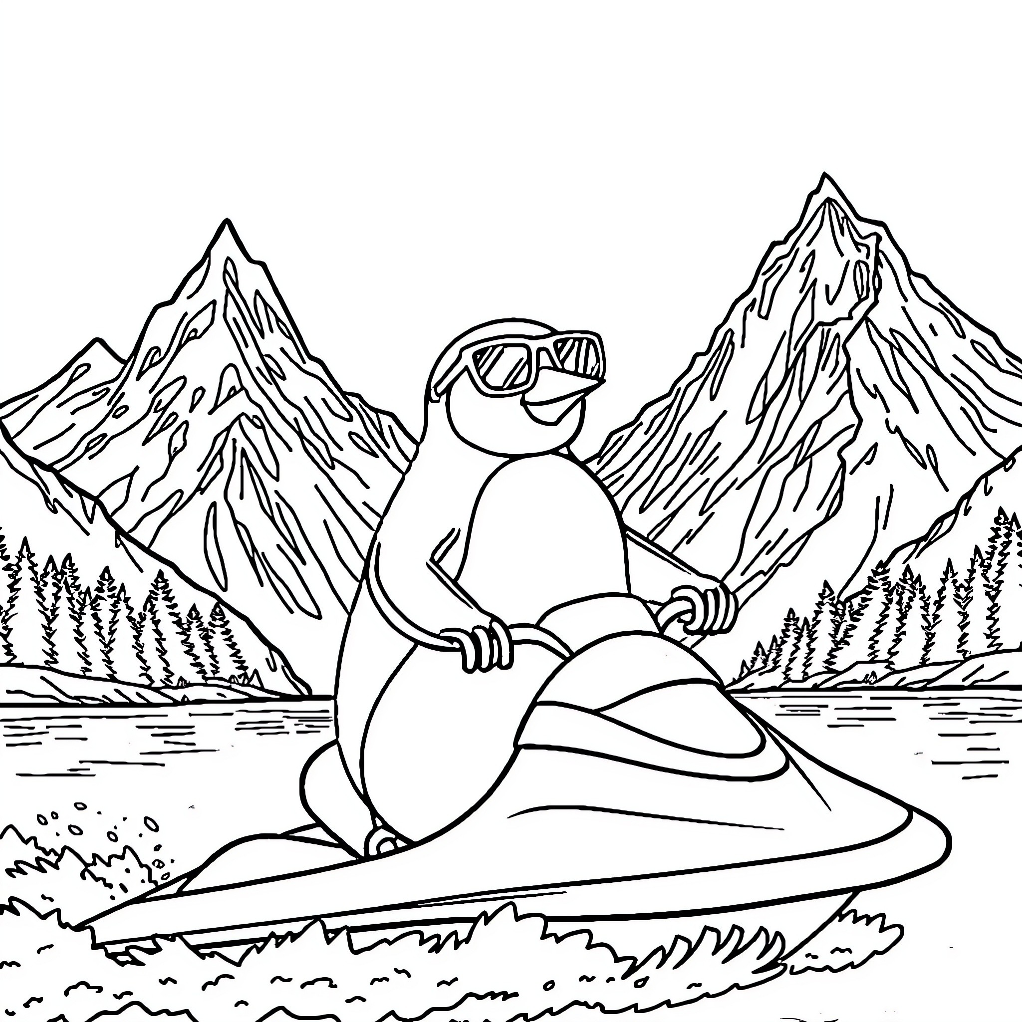 Penguin enjoying water sports in scenic mountains Coloring Page (free black-and-white line drawing printable PDF for all, from beginners to advanced learners, including children, teens, adults, and seniors)