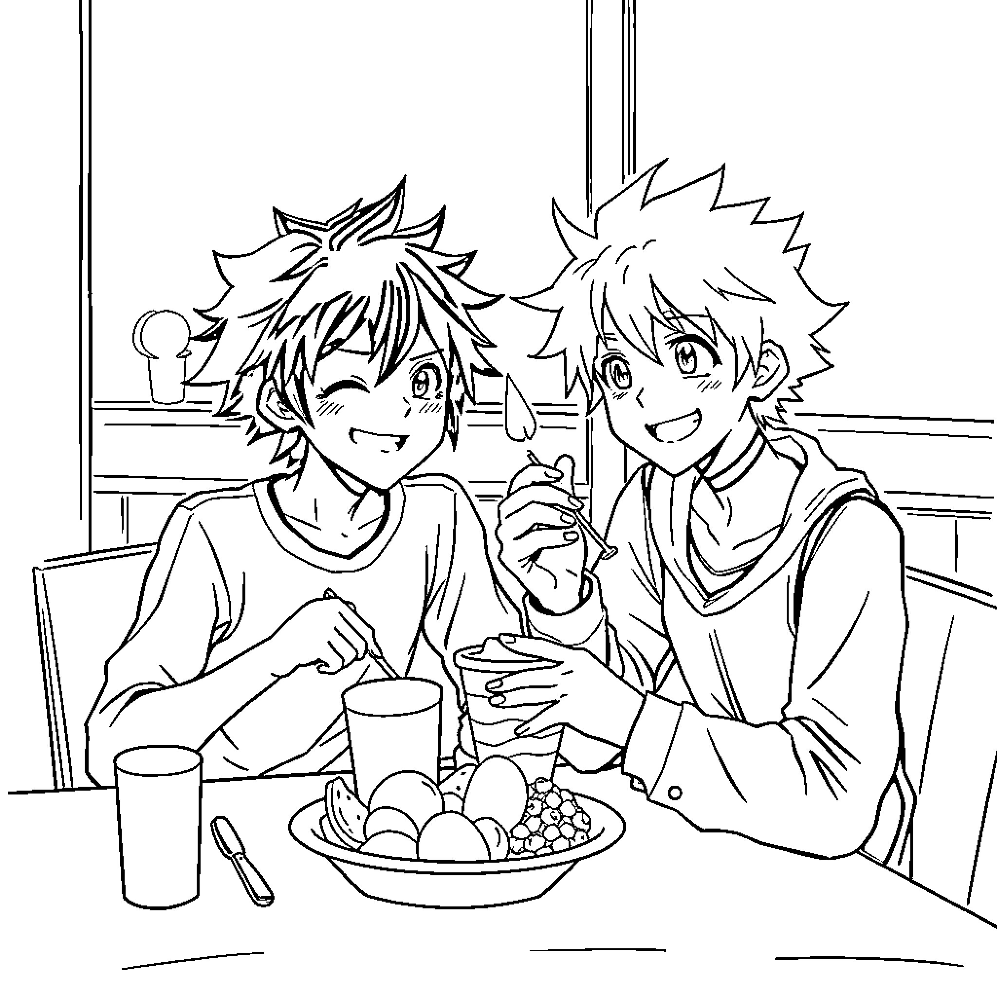 Deku and Bakugo Enjoying a Casual Meal Together Coloring Page (free black-and-white line drawing printable PDF for all, from beginners to advanced learners, including children, teens, adults, and seniors)