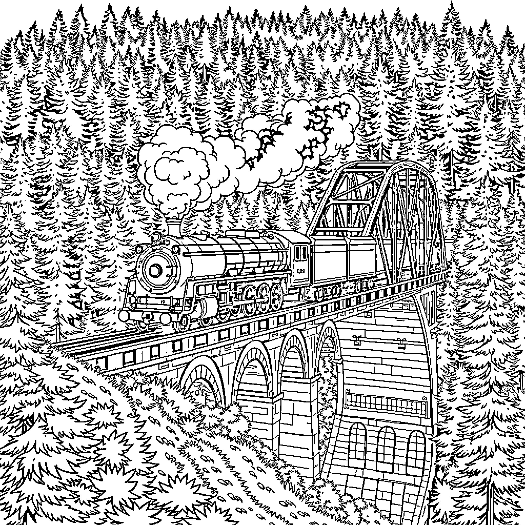Steam Train Crossing Ornate Bridge Through Forested Landscape Coloring Page (free black-and-white line drawing printable PDF for all, from beginners to advanced learners, including children, teens, adults, and seniors)