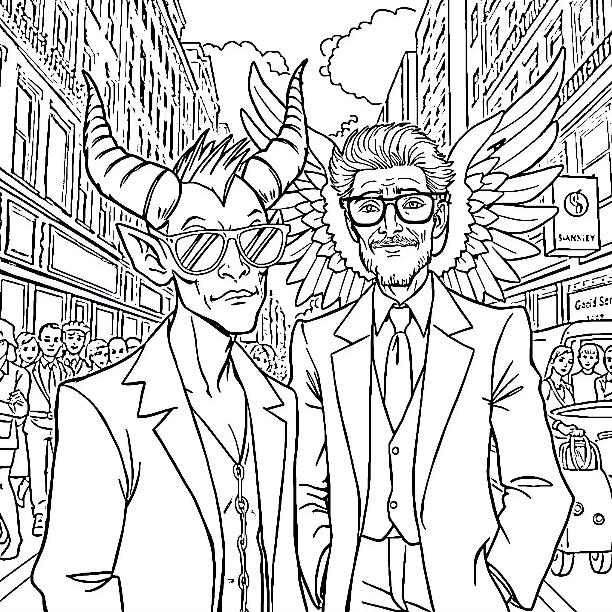 Crowley and Aziraphale Strolling through the City Coloring Page (free black-and-white line drawing printable PDF for all, from beginners to advanced learners, including children, teens, adults, and seniors)