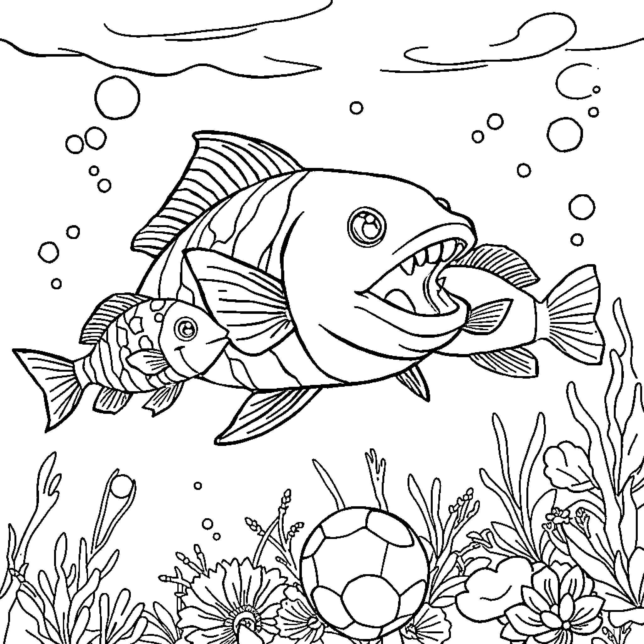 Fish in an Underwater Dreamscape Coloring Page (free black-and-white line drawing printable PDF for all, from beginners to advanced learners, including children, teens, adults, and seniors)