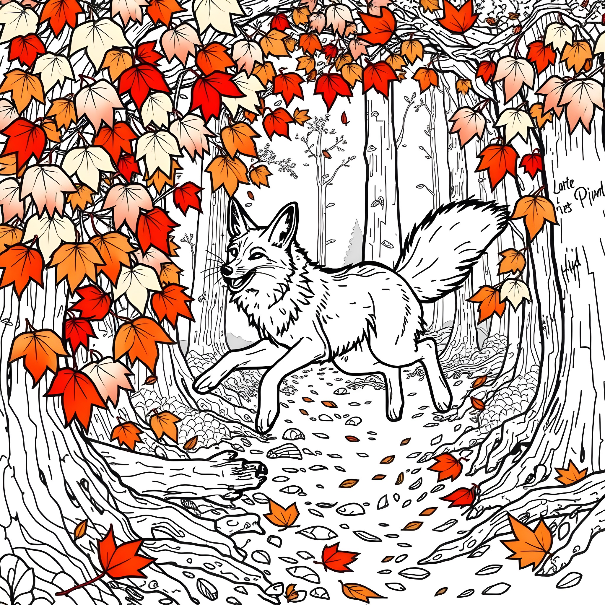 Coyote running through an autumn forest Coloring Page (free black-and-white line drawing printable PDF for all, from beginners to advanced learners, including children, teens, adults, and seniors)