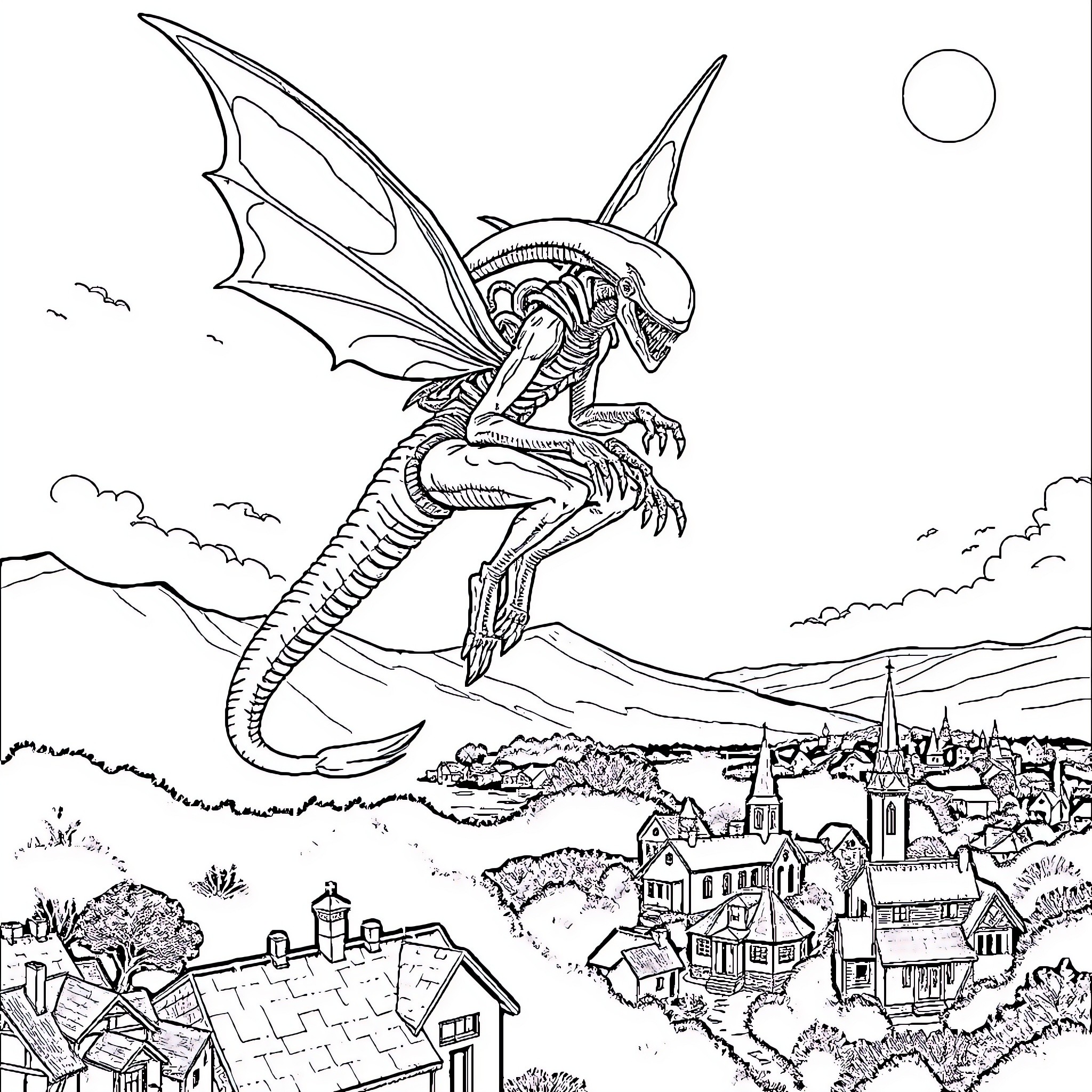 Xenomorph creature looming over a town Coloring Page (free black-and-white line drawing printable PDF for all, from beginners to advanced learners, including children, teens, adults, and seniors)