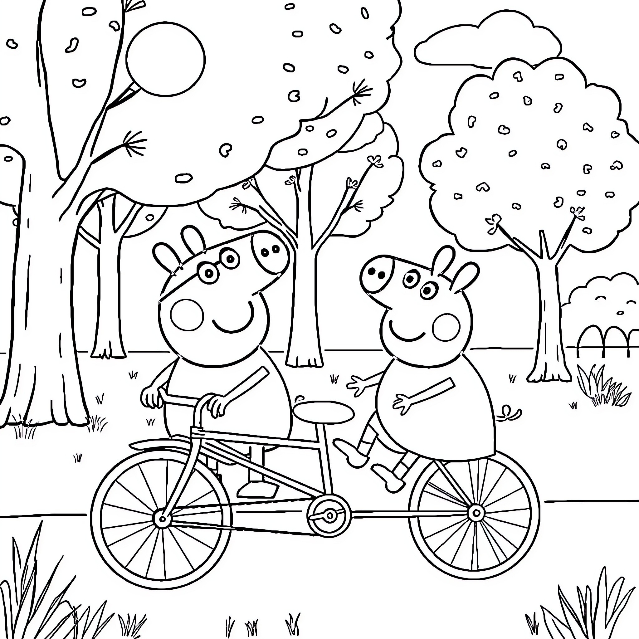 Bumba's Bicycle Adventure in the Enchanted Forest Coloring Page (free black-and-white line drawing printable PDF for all, from beginners to advanced learners, including children, teens, adults, and seniors)