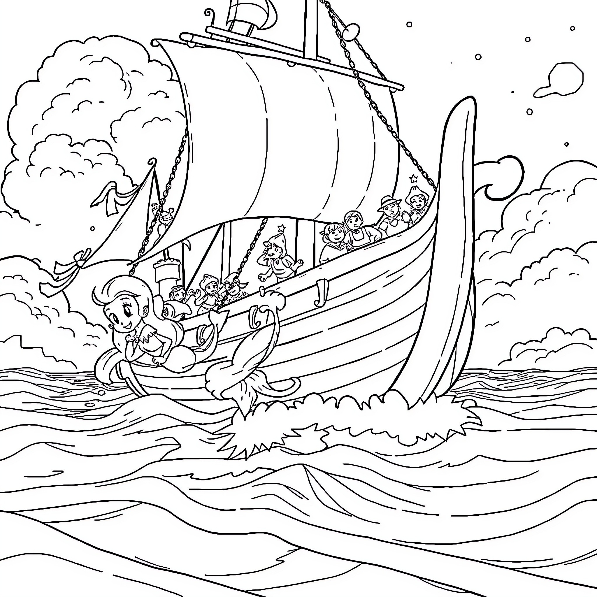 Mermaid crew sailing the stormy seas Coloring Page (free black-and-white line drawing printable PDF for all, from beginners to advanced learners, including children, teens, adults, and seniors)