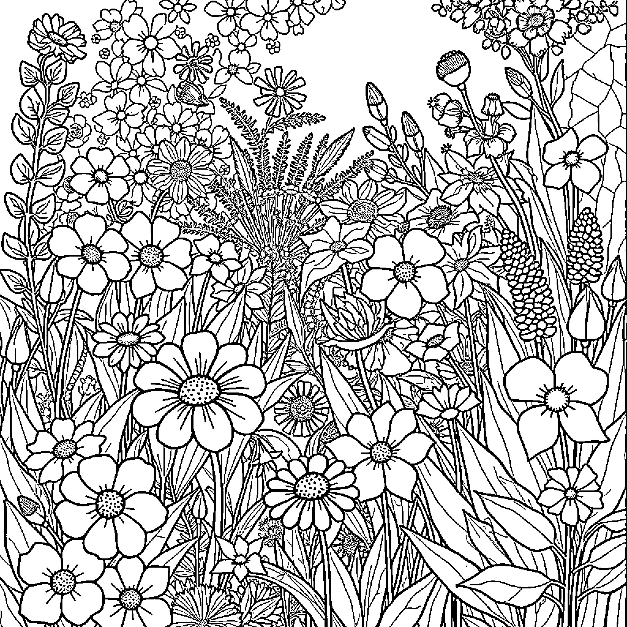 Garden filled with various blooming flowers Coloring Page (free black-and-white line drawing printable PDF for all, from beginners to advanced learners, including children, teens, adults, and seniors)
