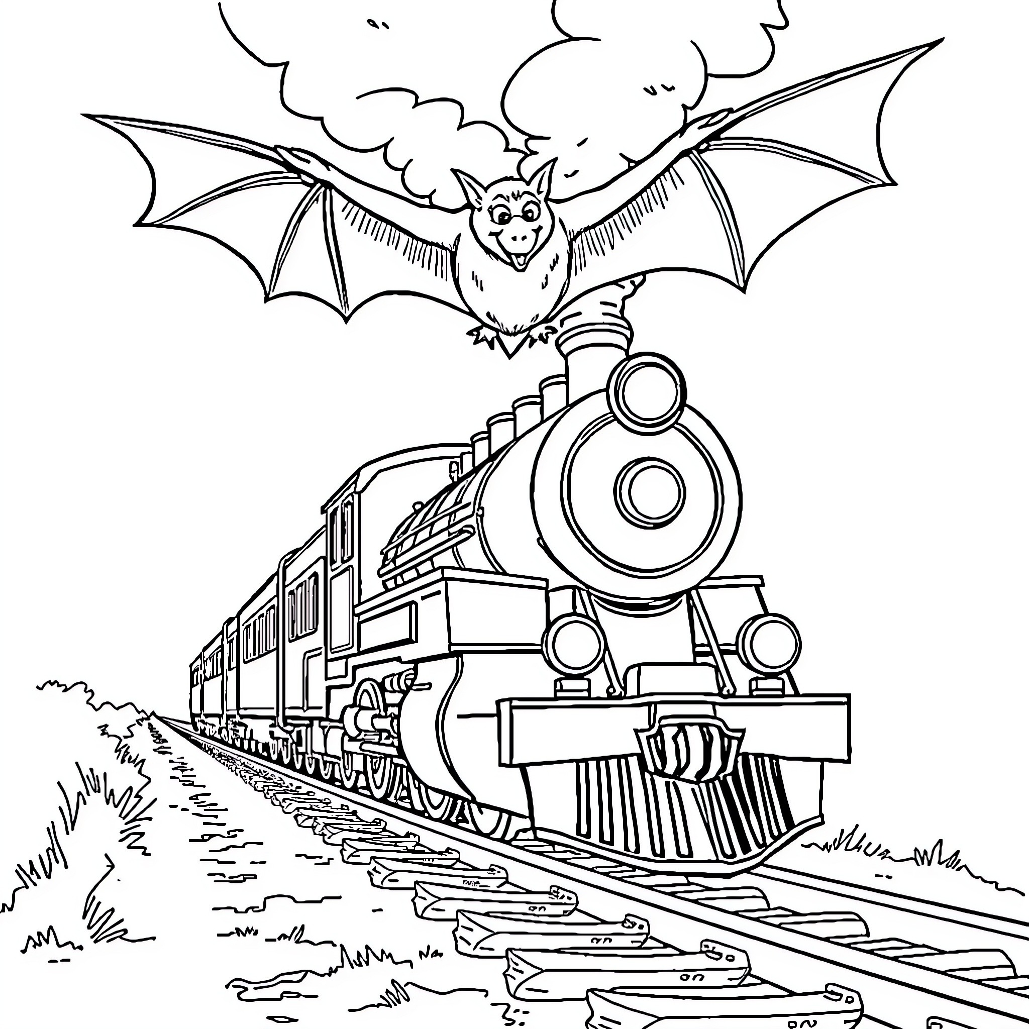 Bat Flying Over Steaming Train Coloring Page (free black-and-white line drawing printable PDF for all, from beginners to advanced learners, including children, teens, adults, and seniors)