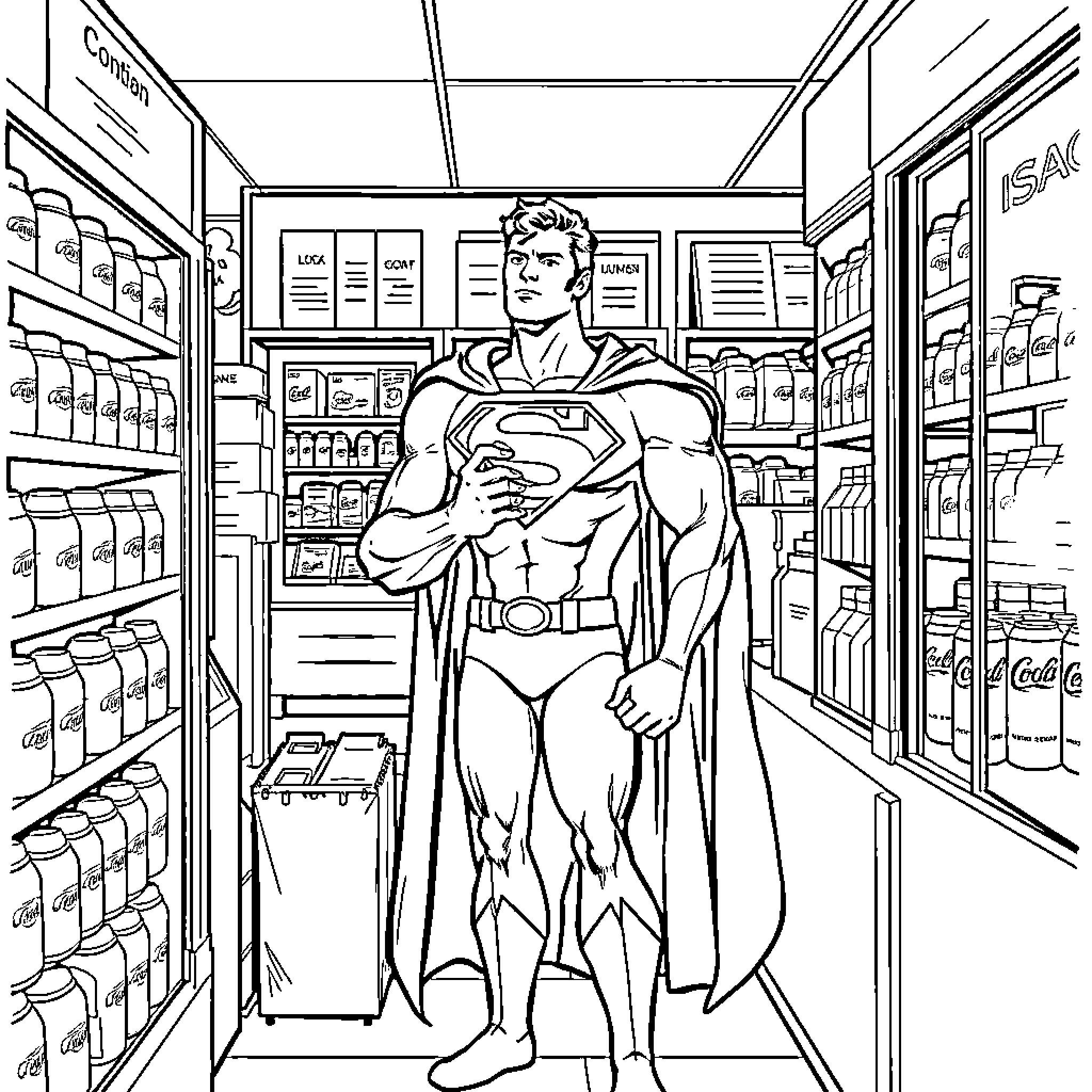 Superman Heroically Stands in Grocery Store Aisle Coloring Page (free black-and-white line drawing printable PDF for all, from beginners to advanced learners, including children, teens, adults, and seniors)