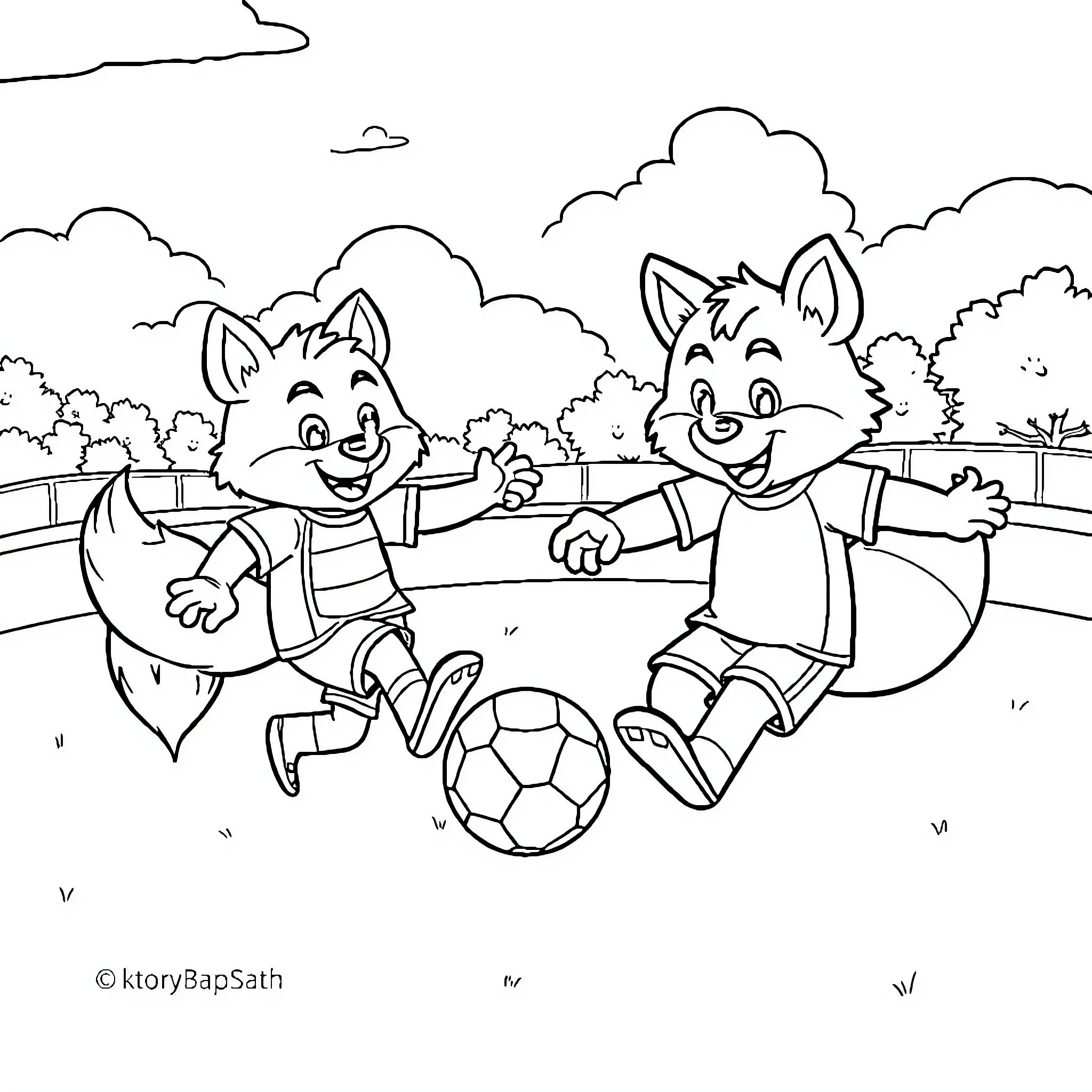 Freddy Fazbear and Friends Playing Soccer in the Park Coloring Page (free black-and-white line drawing printable PDF for all, from beginners to advanced learners, including children, teens, adults, and seniors)