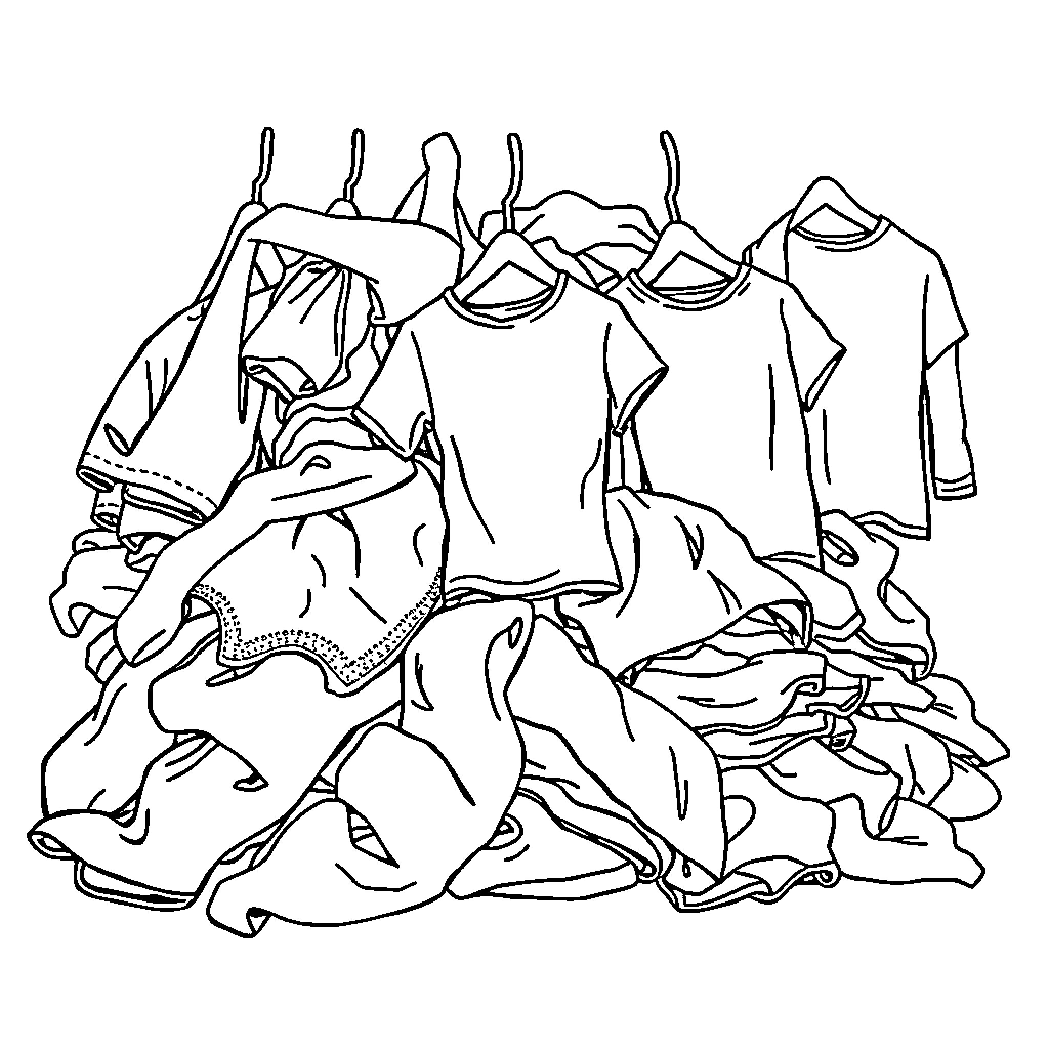 Clothes in disarray and scattered on the floor Coloring Page (free black-and-white line drawing printable PDF for all, from beginners to advanced learners, including children, teens, adults, and seniors)