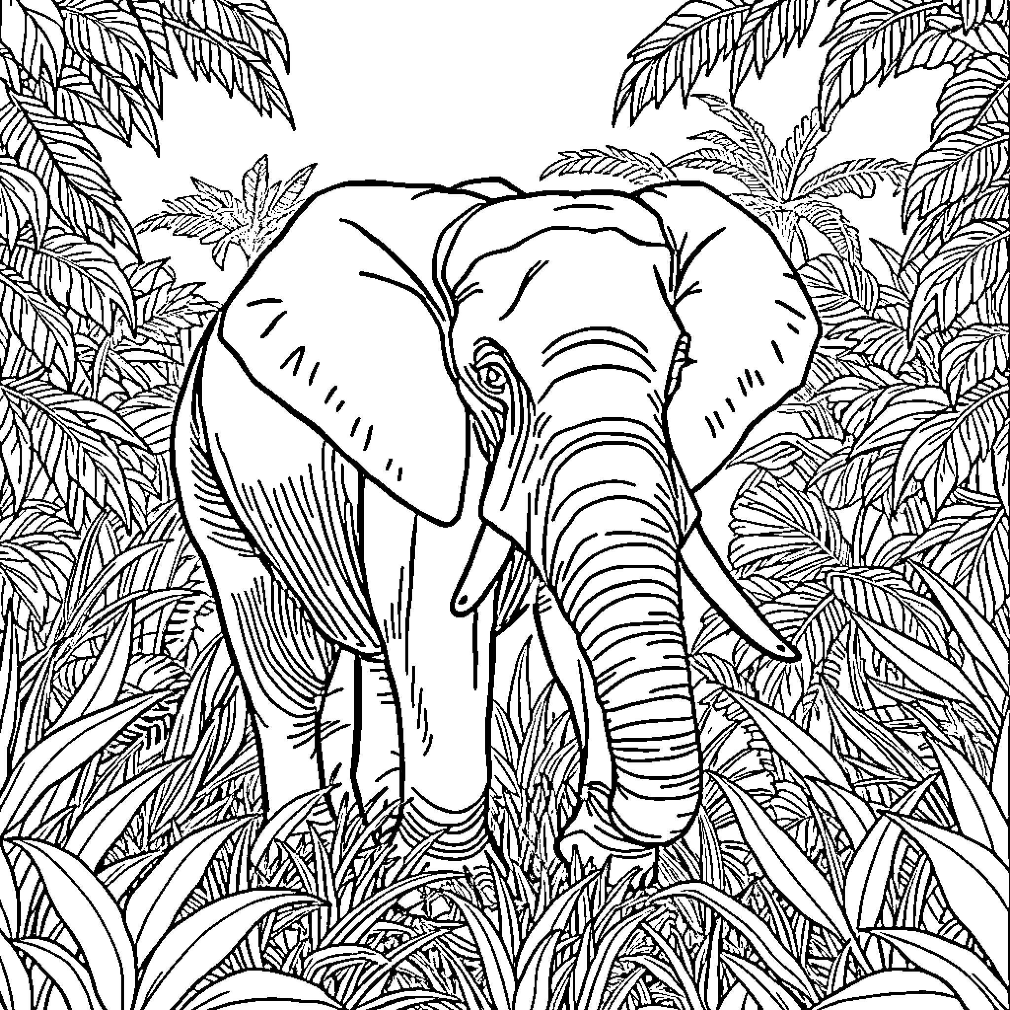 Elephant walking through lush jungle foliage Coloring Page (free black-and-white line drawing printable PDF for all, from beginners to advanced learners, including children, teens, adults, and seniors)