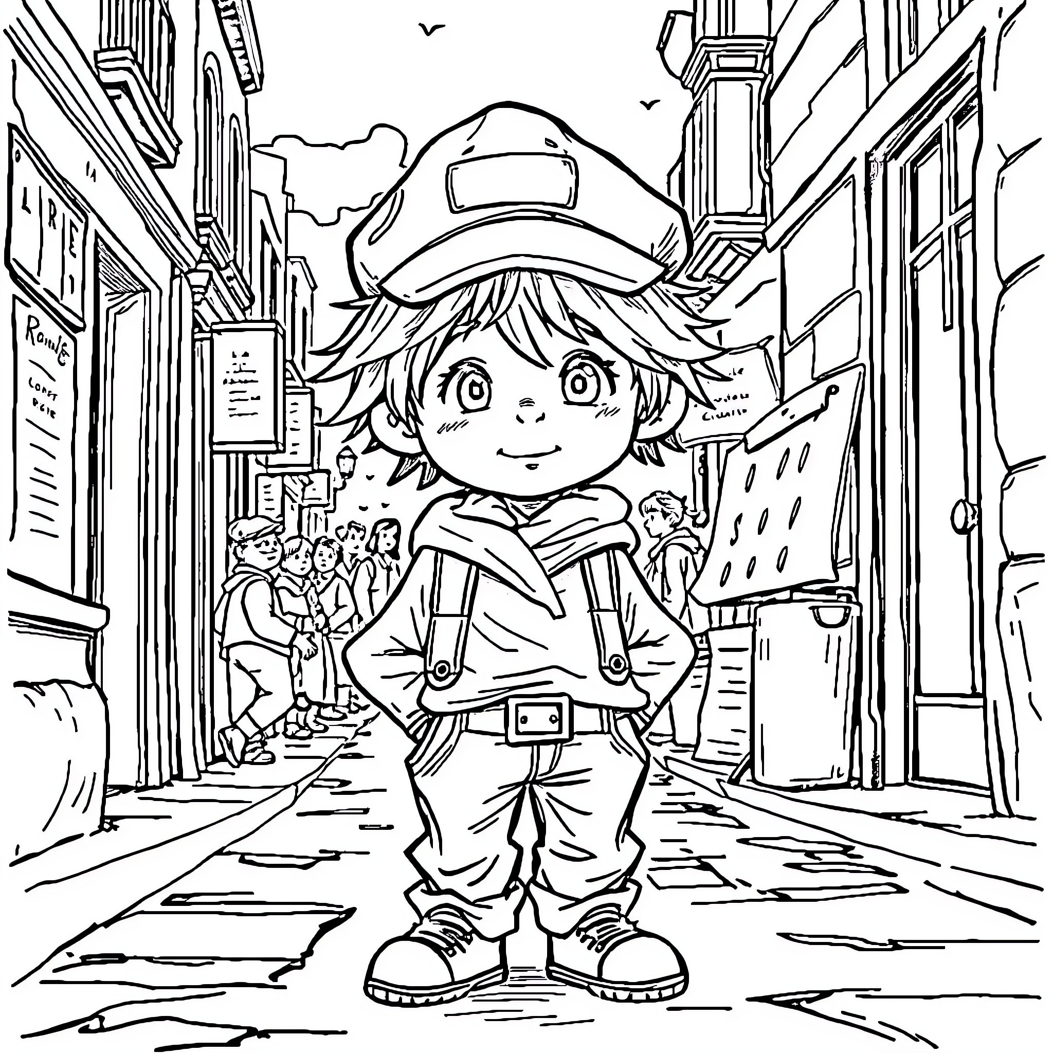 Gavroche exploring the city streets Coloring Page (free black-and-white line drawing printable PDF for all, from beginners to advanced learners, including children, teens, adults, and seniors)
