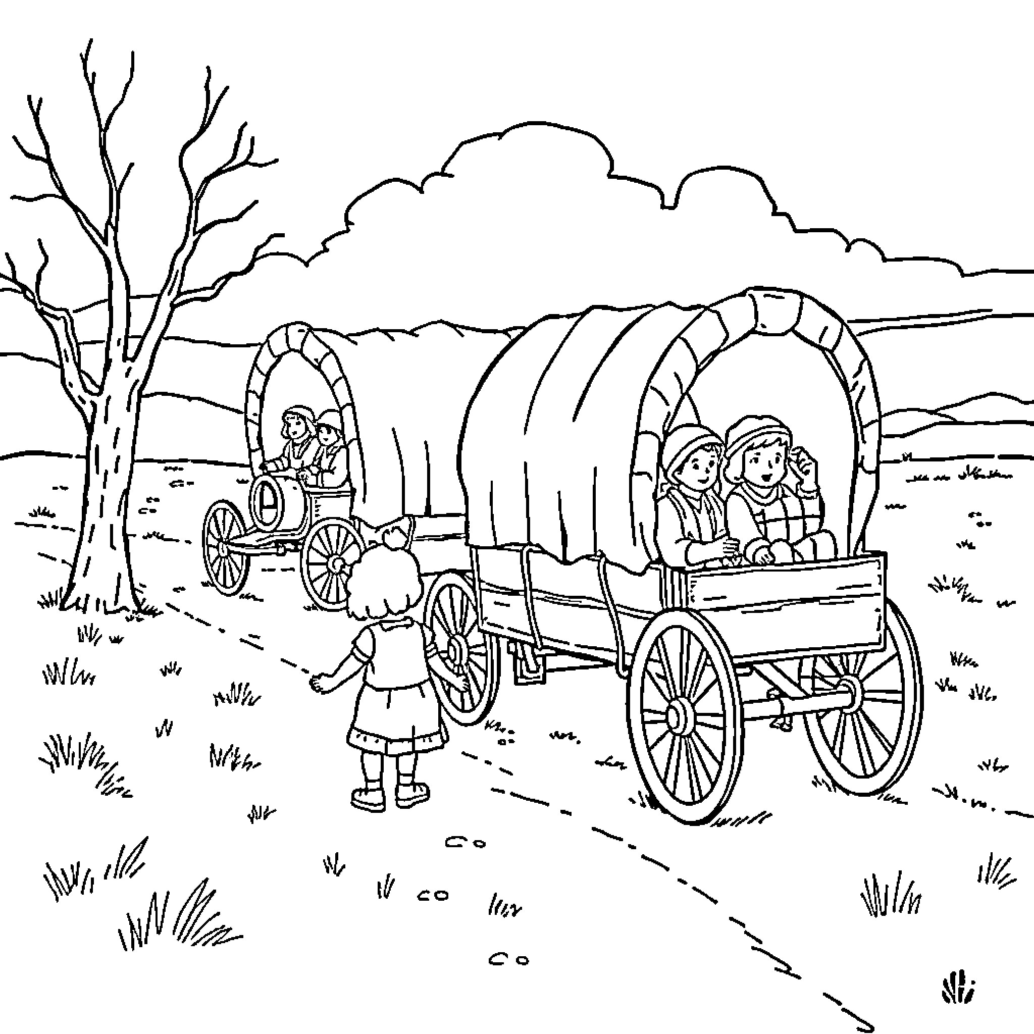Pioneer family travels in horse-drawn wagons Coloring Page (free black-and-white line drawing printable PDF for all, from beginners to advanced learners, including children, teens, adults, and seniors)