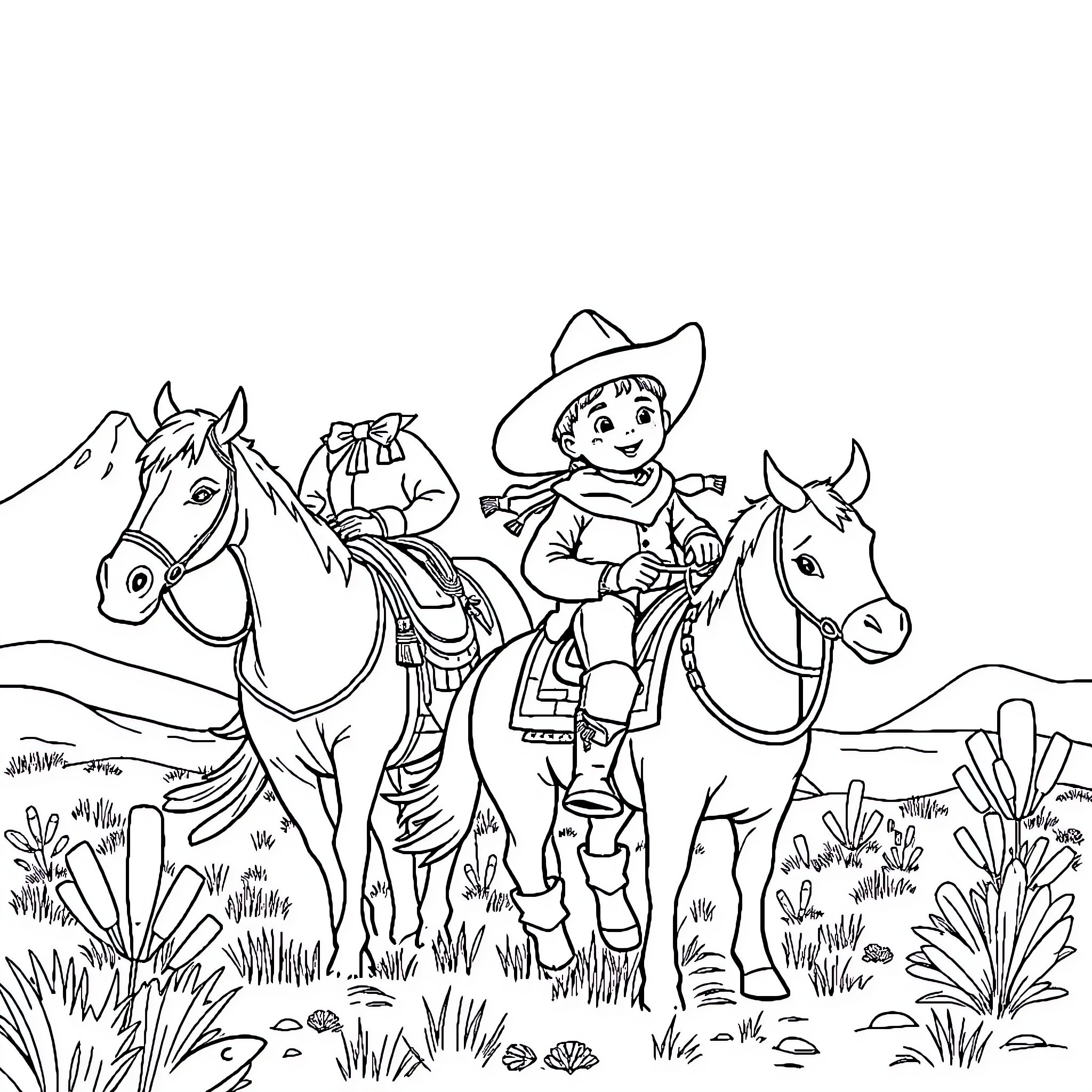 Cowboy siblings ride horses through scenic landscape Coloring Page (free black-and-white line drawing printable PDF for all, from beginners to advanced learners, including children, teens, adults, and seniors)