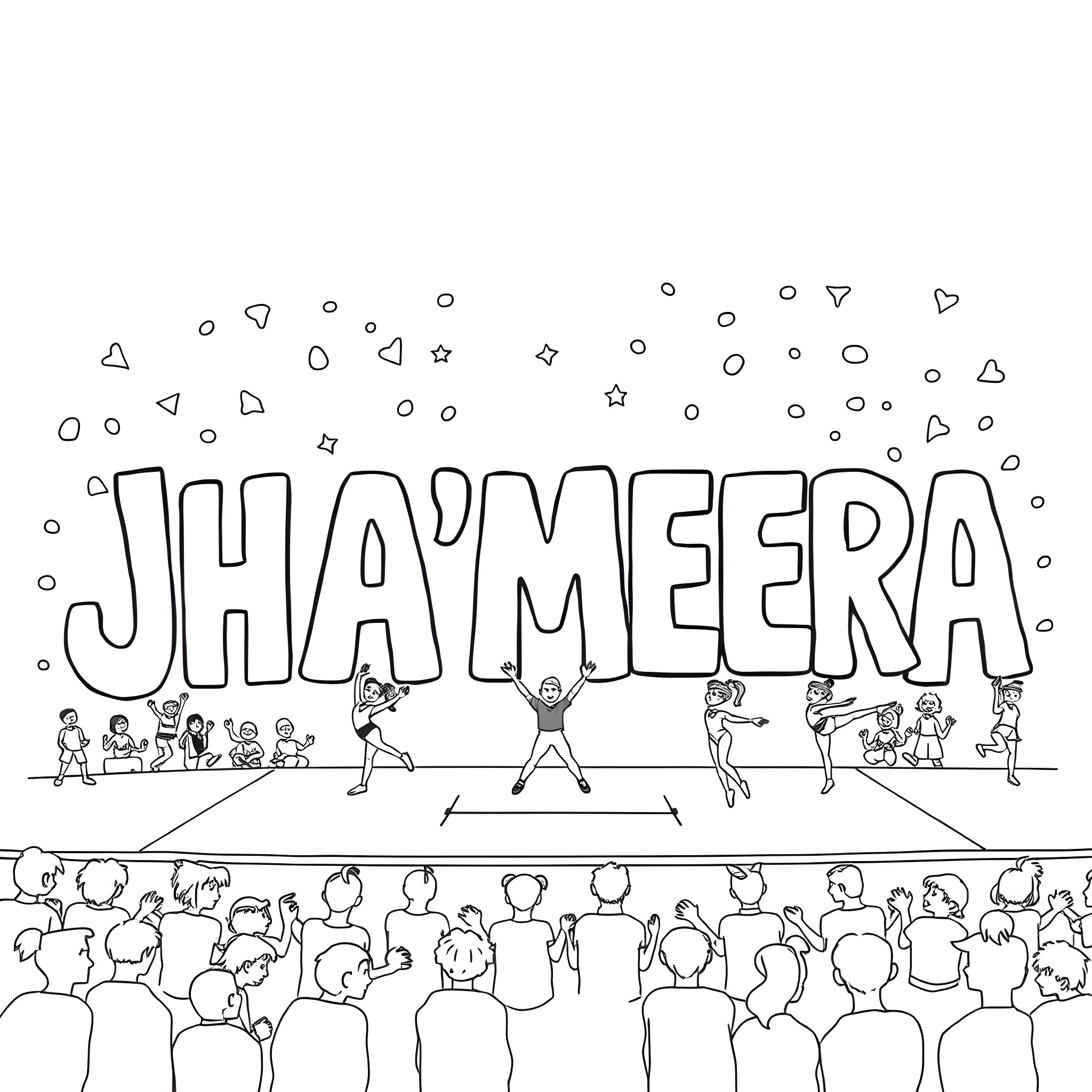Jha'Meera performing on stage with a crowd watching Coloring Page (free black-and-white line drawing printable PDF for all, from beginners to advanced learners, including children, teens, adults, and seniors)