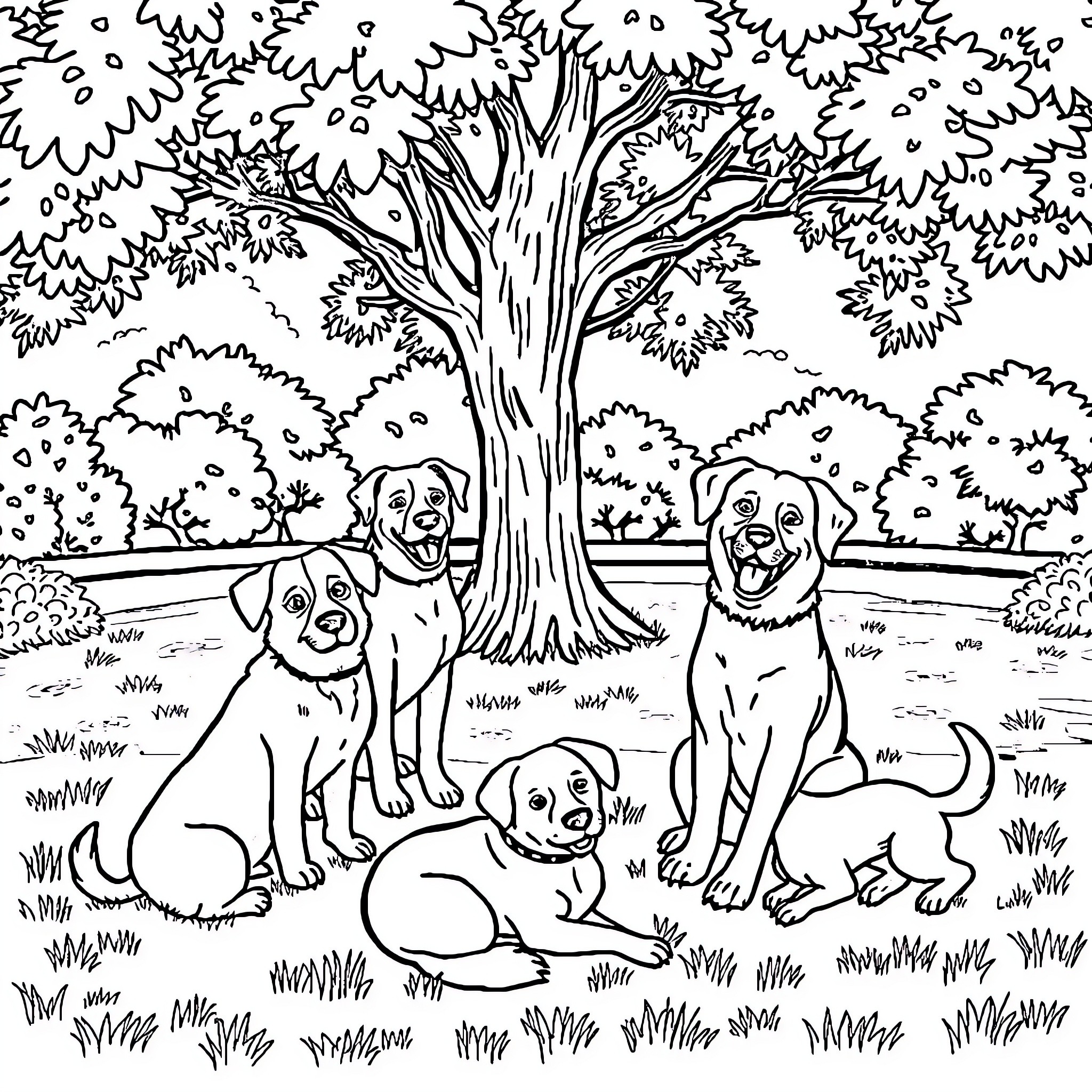 Dog friends enjoying the outdoors Coloring Page (free black-and-white line drawing printable PDF for all, from beginners to advanced learners, including children, teens, adults, and seniors)