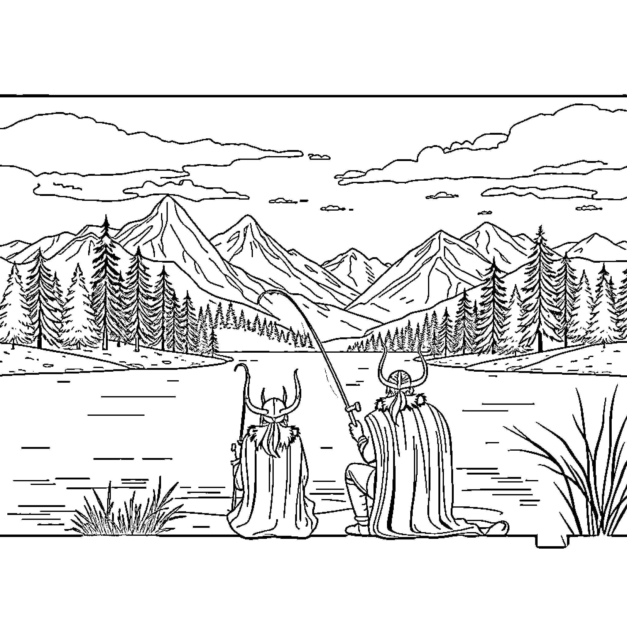 Loki enjoying the serene landscape with a companion Coloring Page (free black-and-white line drawing printable PDF for all, from beginners to advanced learners, including children, teens, adults, and seniors)